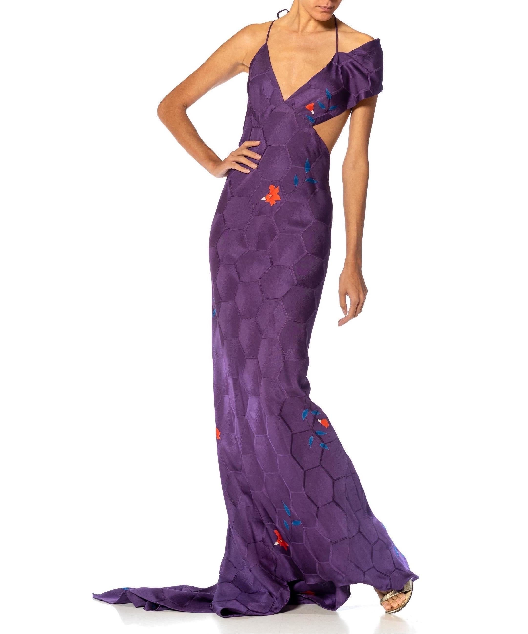 MORPHEW ATELIER Purple Bias Cut Japanese Kimono Silk Petal Trained Gown For Sale 1