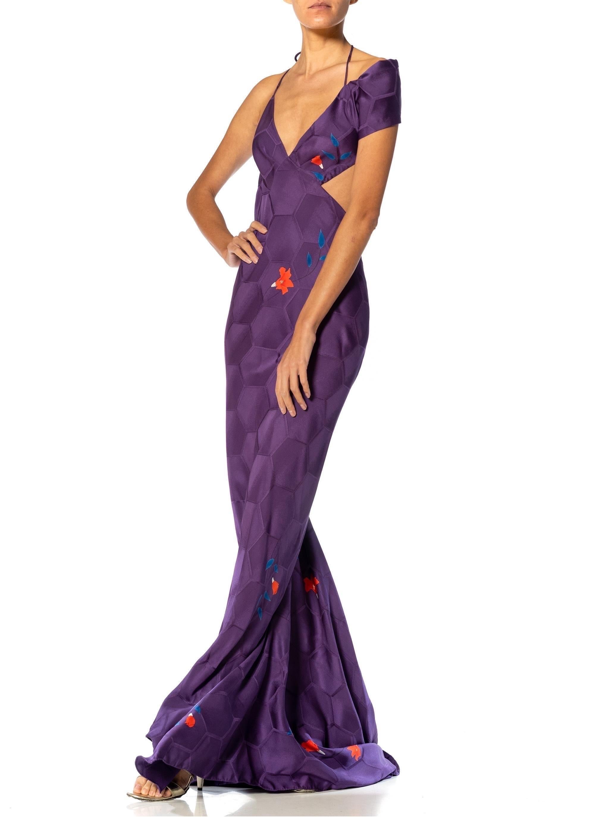 MORPHEW ATELIER Purple Bias Cut Japanese Kimono Silk Petal Trained Gown For Sale 2