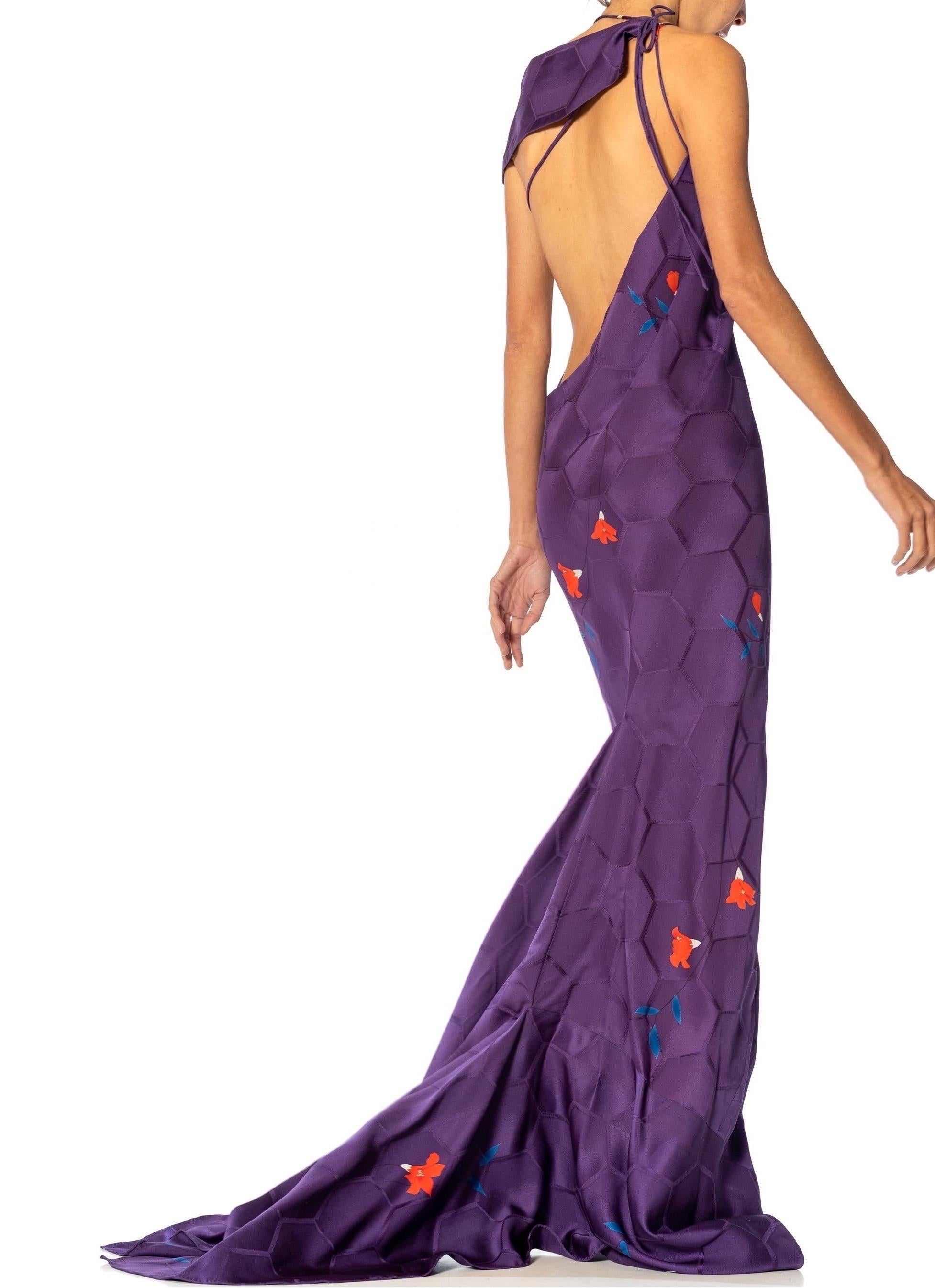 MORPHEW ATELIER Purple Bias Cut Japanese Kimono Silk Petal Trained Gown For Sale 3