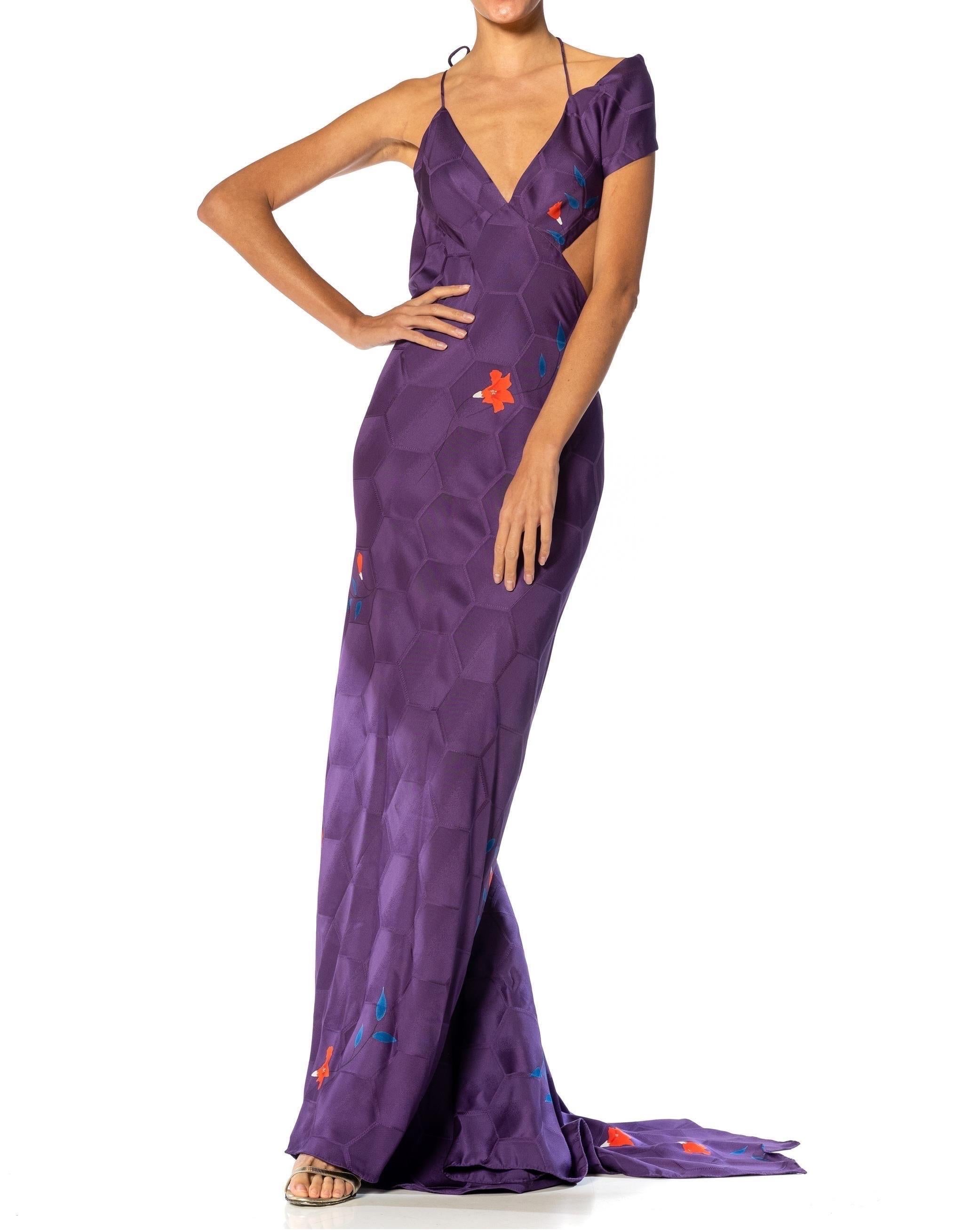 MORPHEW ATELIER Purple Bias Cut Japanese Kimono Silk Petal Trained Gown For Sale 4