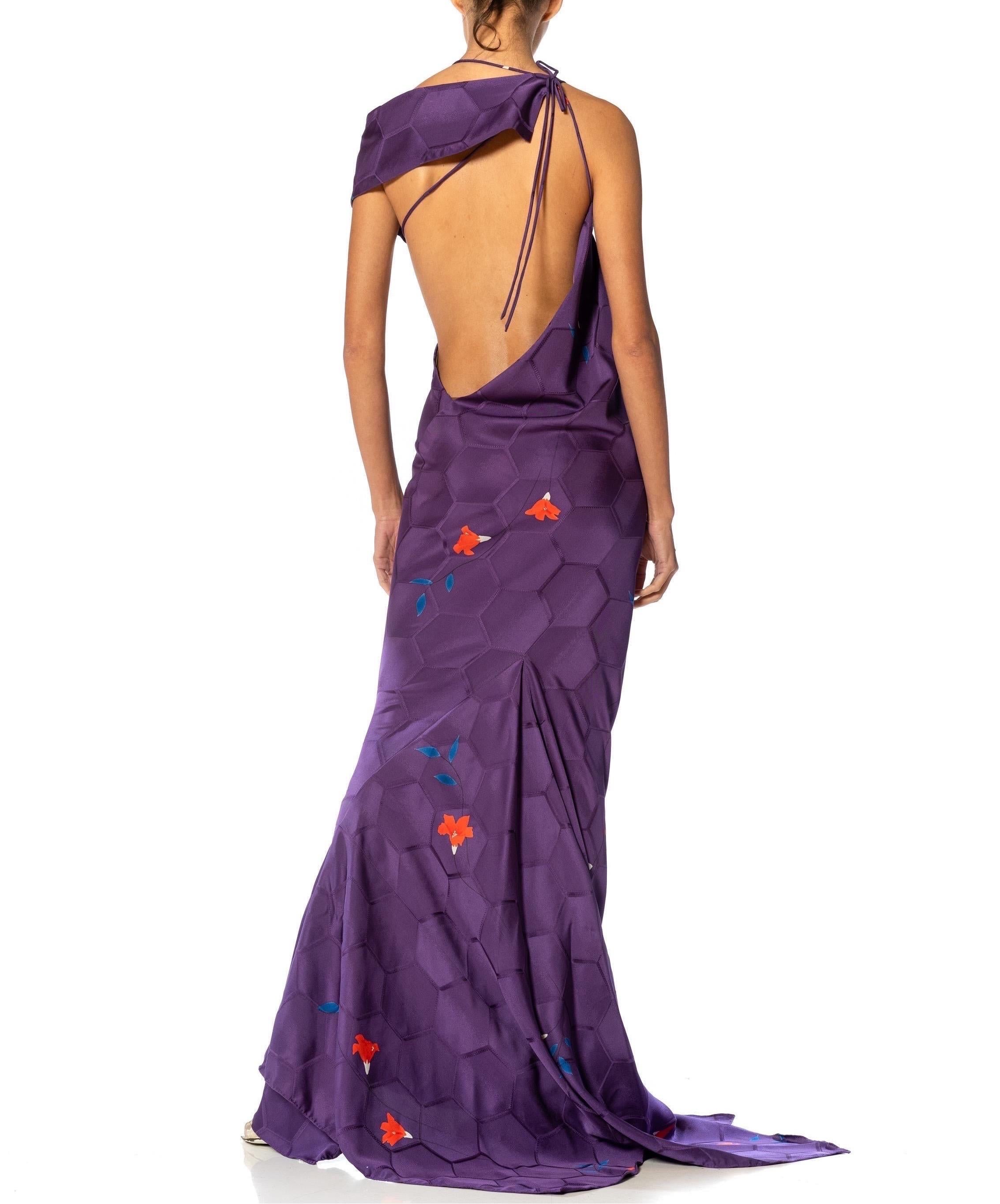 MORPHEW ATELIER Purple Bias Cut Japanese Kimono Silk Petal Trained Gown For Sale 5