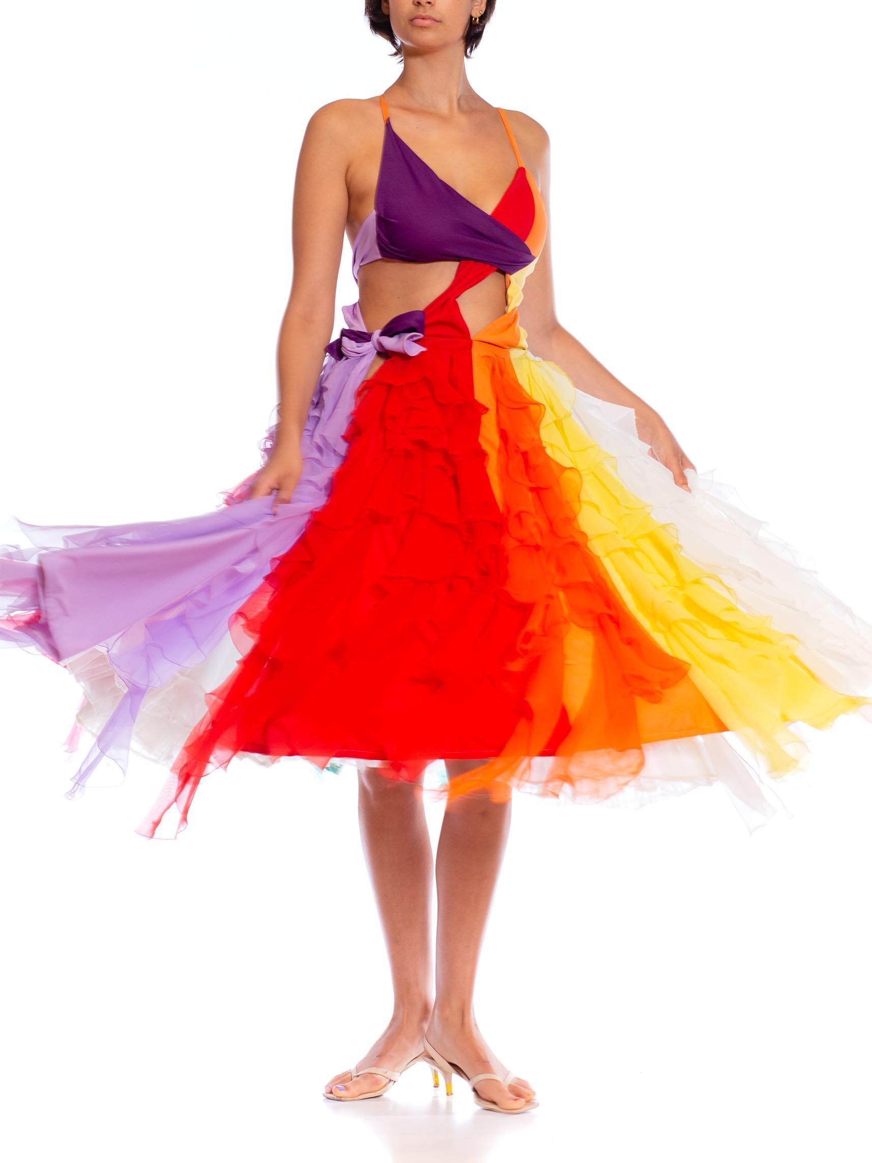 MORPHEW ATELIER Rainbow Polyester Stretch Sexy Cut Away Chiffon Ruffled Gown For Sale 6