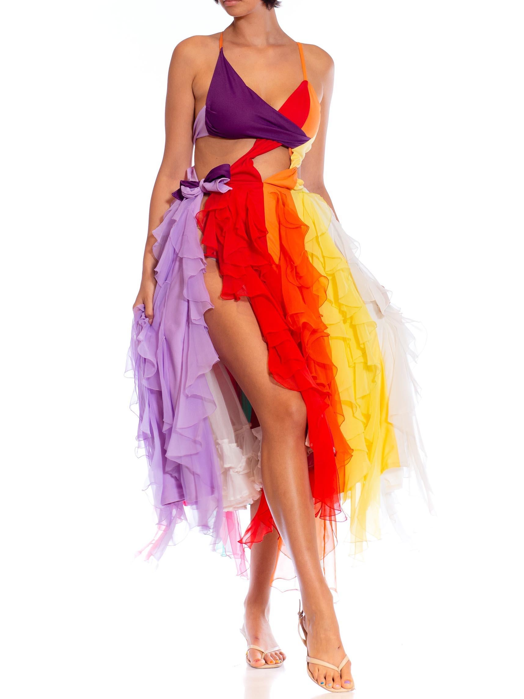 Women's MORPHEW ATELIER Rainbow Polyester Stretch Sexy Cut Away Chiffon Ruffled Gown For Sale