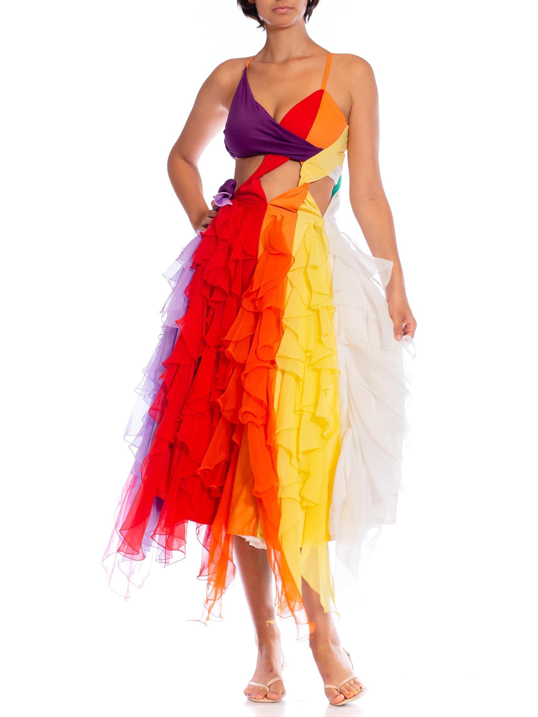 MORPHEW ATELIER Rainbow Polyester Stretch Sexy Cut Away Chiffon Ruffled Gown For Sale 2