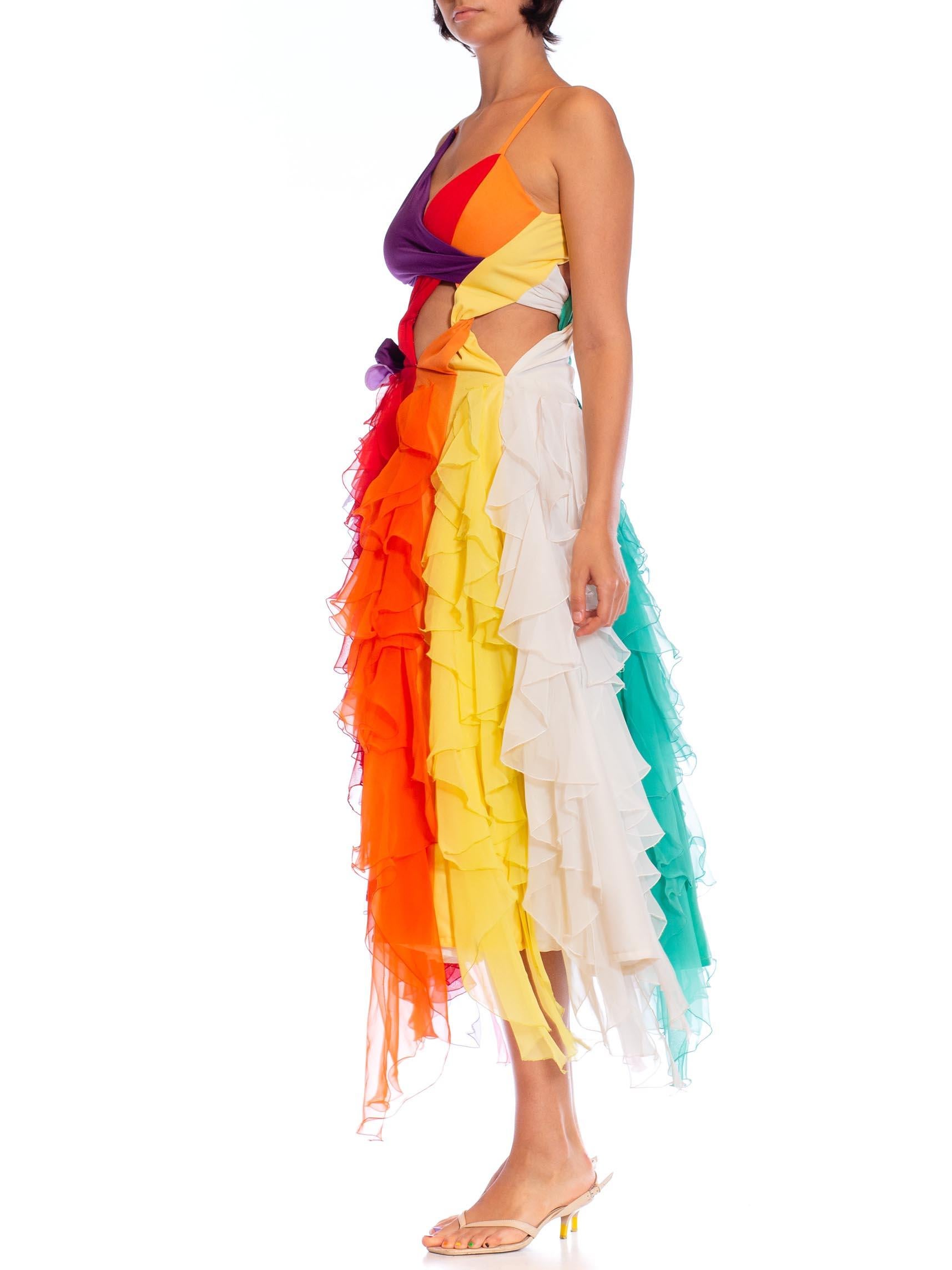 MORPHEW ATELIER Rainbow Polyester Stretch Sexy Cut Away Chiffon Ruffled Gown For Sale 4