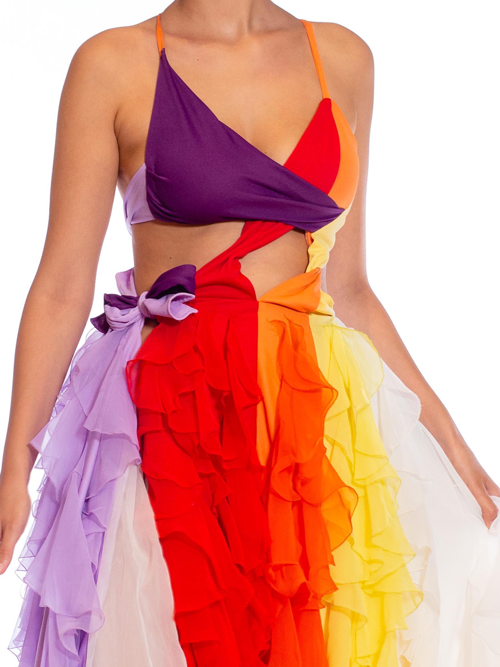 MORPHEW ATELIER Rainbow Polyester Stretch Sexy Cut Away Chiffon Ruffled Gown For Sale 5