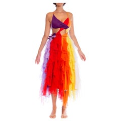 MA Rainbow Polyester Stretch Sexy Cut Away Chiffon Ruffled Gown