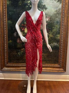 MORPHEW ATELIER Red Beaded Silk Chiffon Backless Sequined Feathers Cocktail Dres