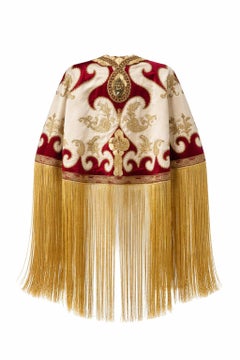 MORPHEW ATELIER Red & Gold Lamé Antique Embroidery Silk Lined Velvet Fringe Cape