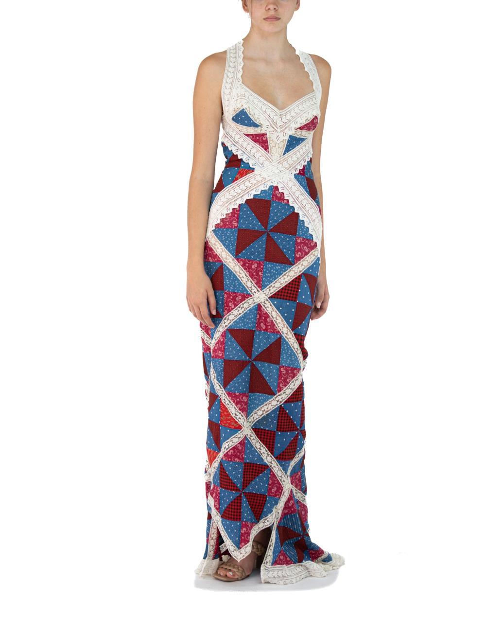 Morphew Atelier Red, White & Blue Cotton Blend Victorian Lace Patchwork Gown For Sale 2