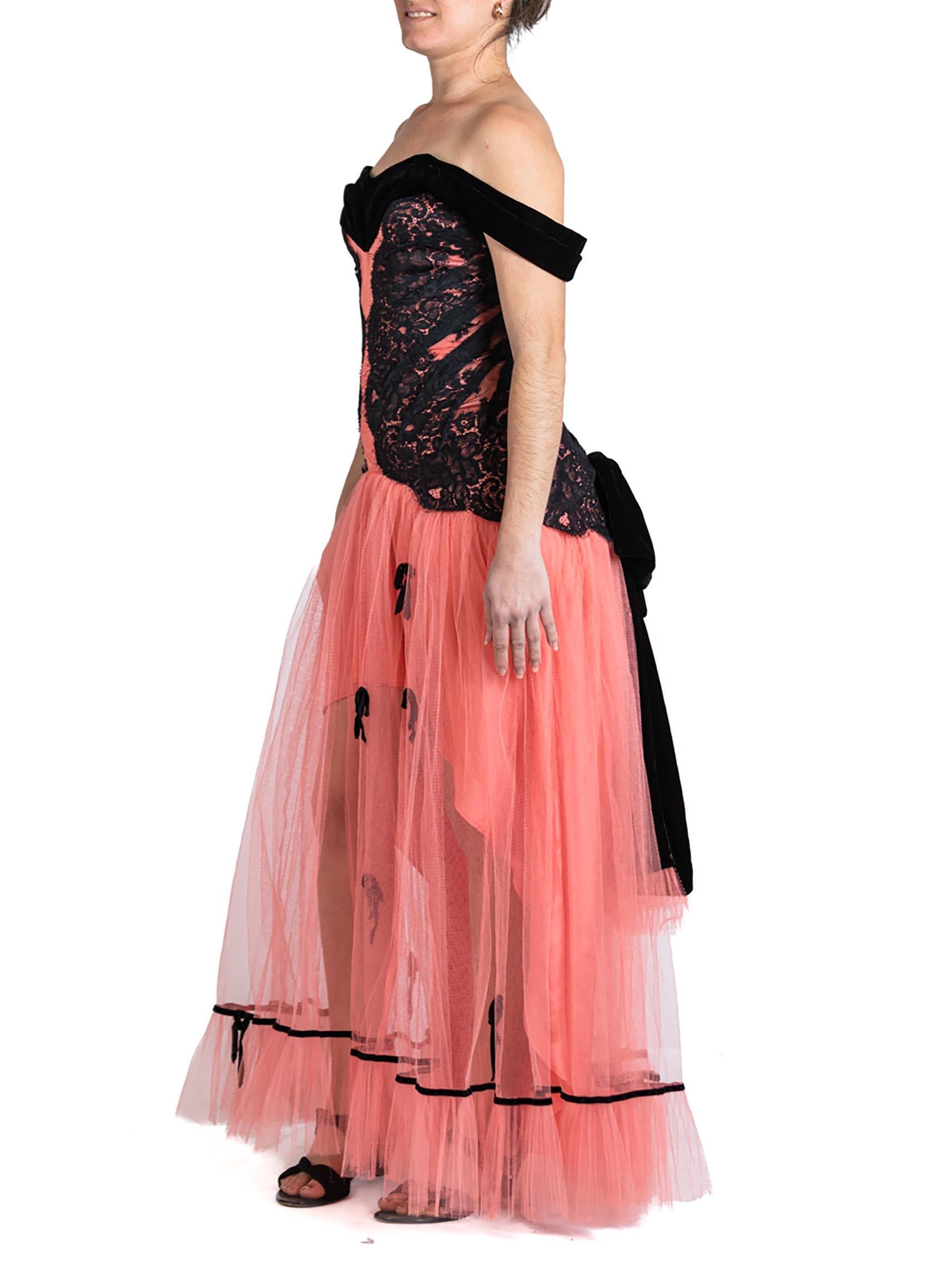 MORPHEW ATELIER Salmon Pink & Black Rayon Blend Tulle Lace Gown With Velvet Bow Neckline