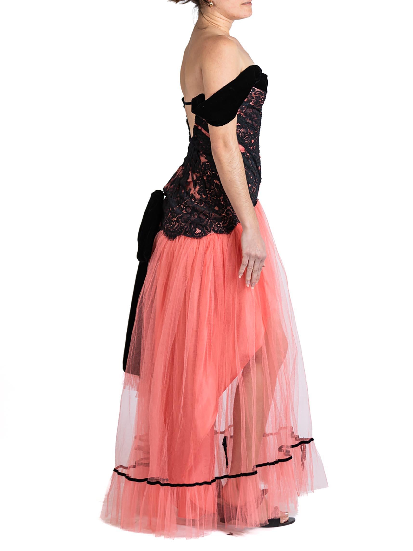 MORPHEW ATELIER Salmon Pink & Black Rayon Blend Tulle Lace Gown With Velvet Bow In New Condition For Sale In New York, NY