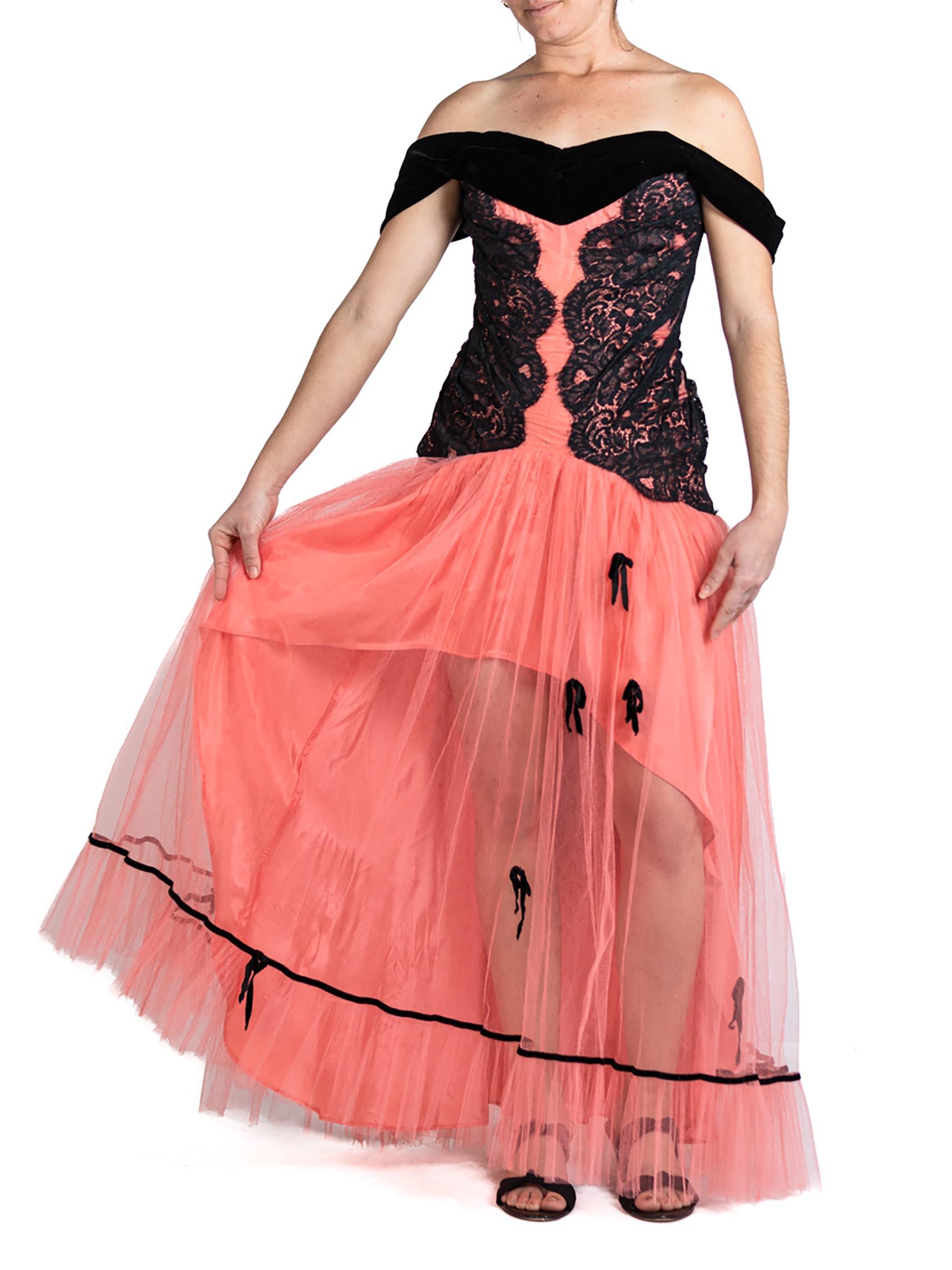 MORPHEW ATELIER Salmon Pink & Black Rayon Blend Tulle Lace Gown With Velvet Bow For Sale 1