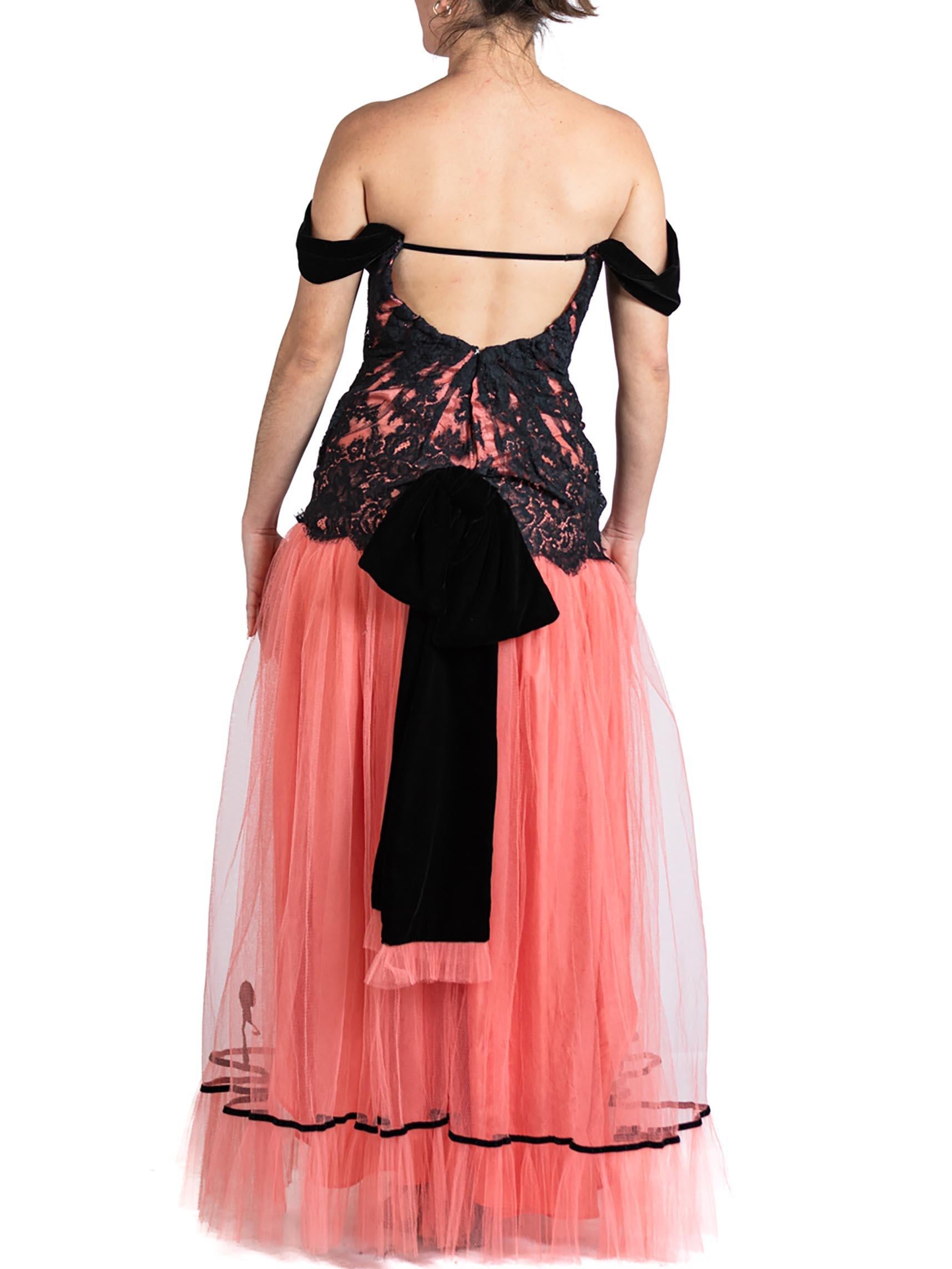 MORPHEW ATELIER Salmon Pink & Black Rayon Blend Tulle Lace Gown With Velvet Bow For Sale 2