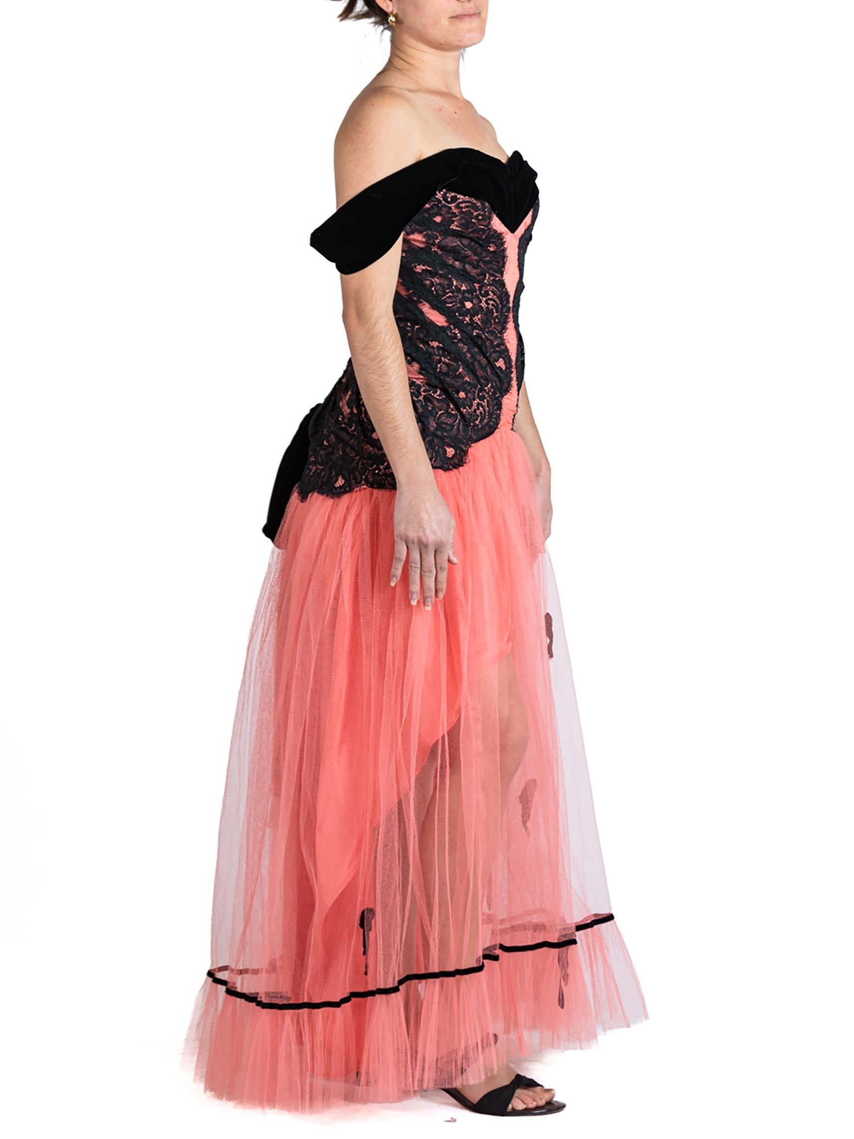 MORPHEW ATELIER Salmon Pink & Black Rayon Blend Tulle Lace Gown With Velvet Bow For Sale 3