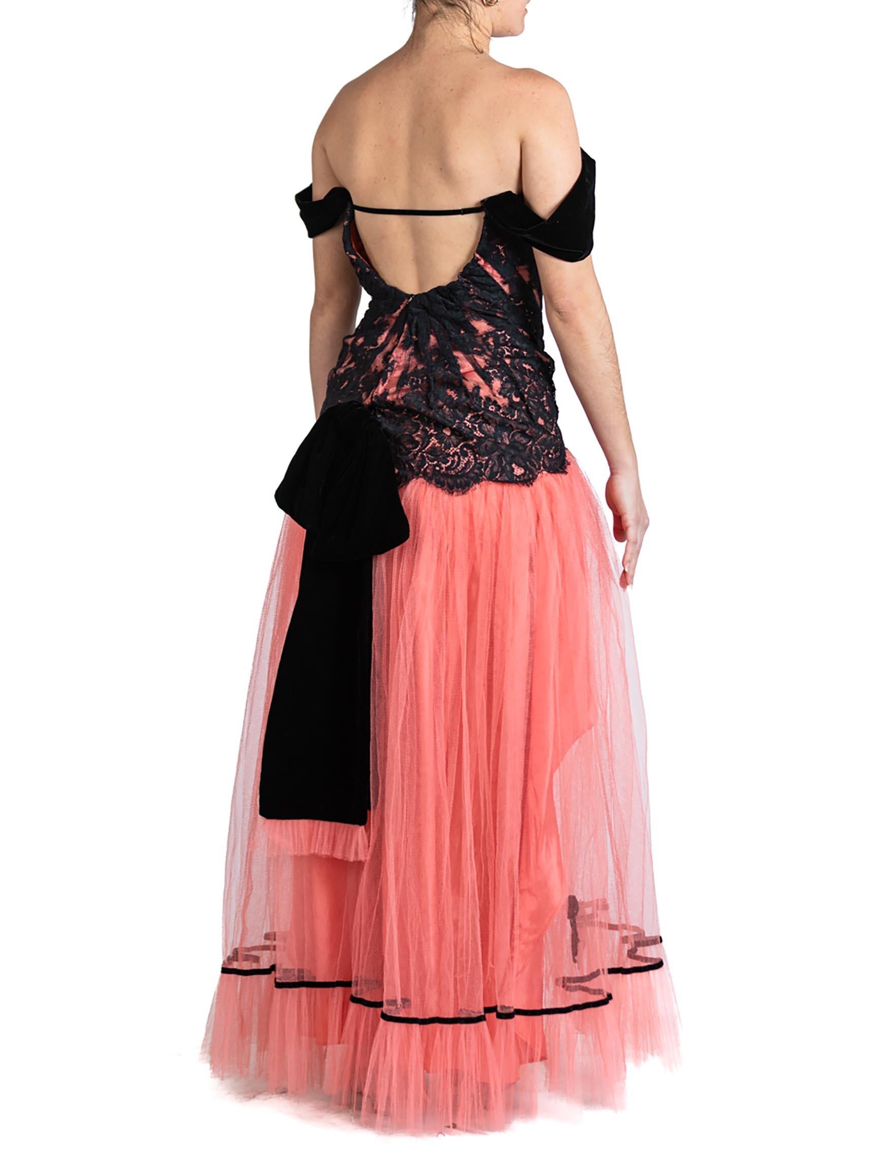 MORPHEW ATELIER Salmon Pink & Black Rayon Blend Tulle Lace Gown With Velvet Bow For Sale 4