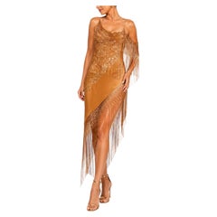MORPHEW ATELIER Tan & Cream Silk Vintage Hand-Embroidered Piano Shawl Gown