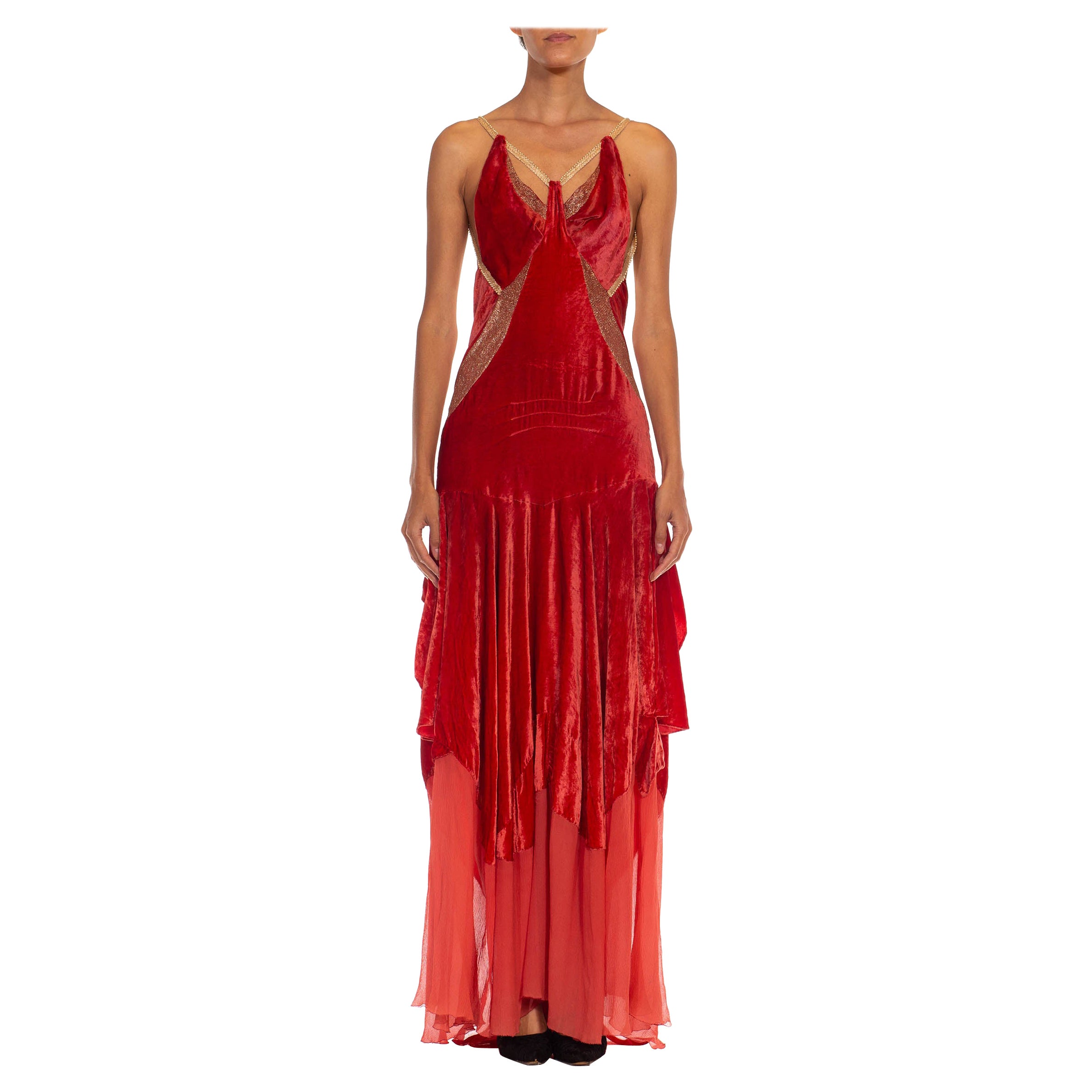 MORPHEW ATELIER Tomatenrot & Gold Antik 1920'S Seidensamt Rückenfreies Kleid