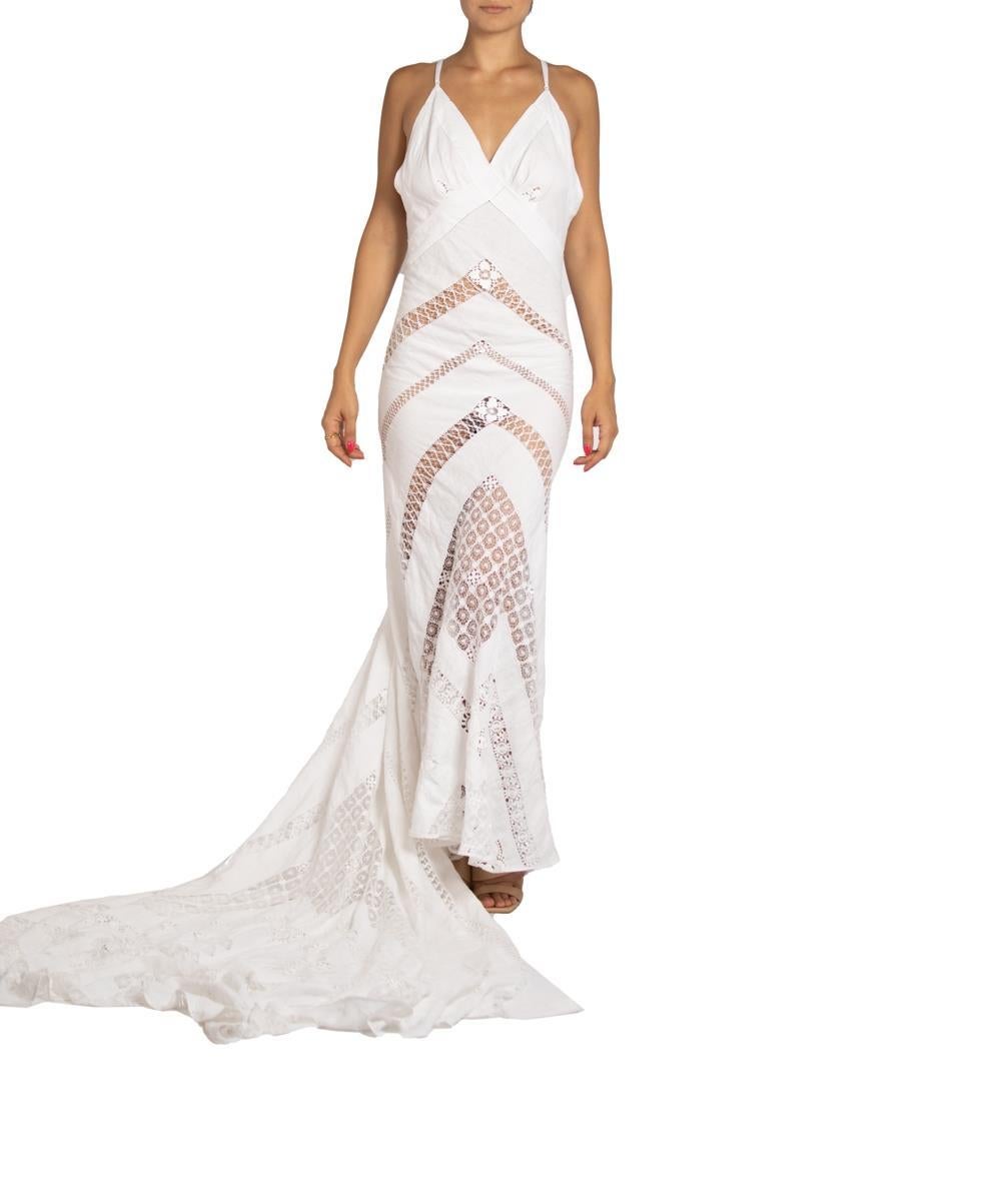 Women's MORPHEW ATELIER White Antique Linen Bias Cut Gown With Detachable Train / Cape For Sale
