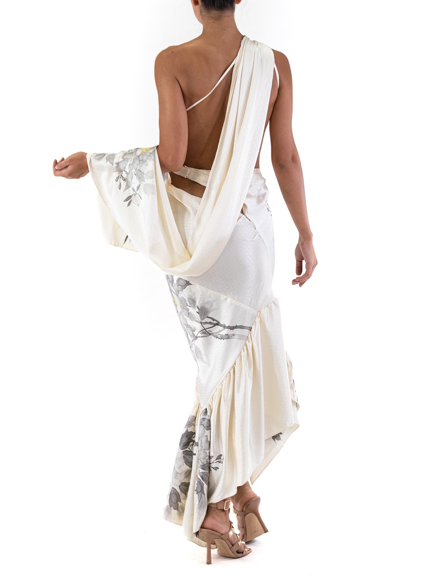 MORPHEW ATELIER White Bias Cut Hand Painted Kimono Silk Gown For Sale 3