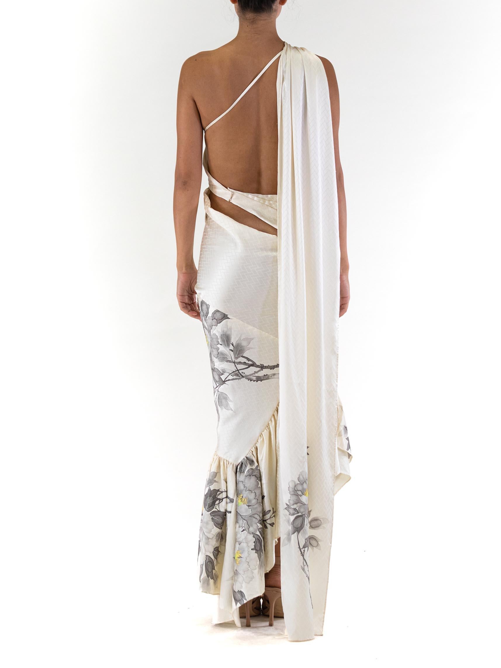MORPHEW ATELIER White Bias Cut Hand Painted Kimono Silk Gown For Sale 4