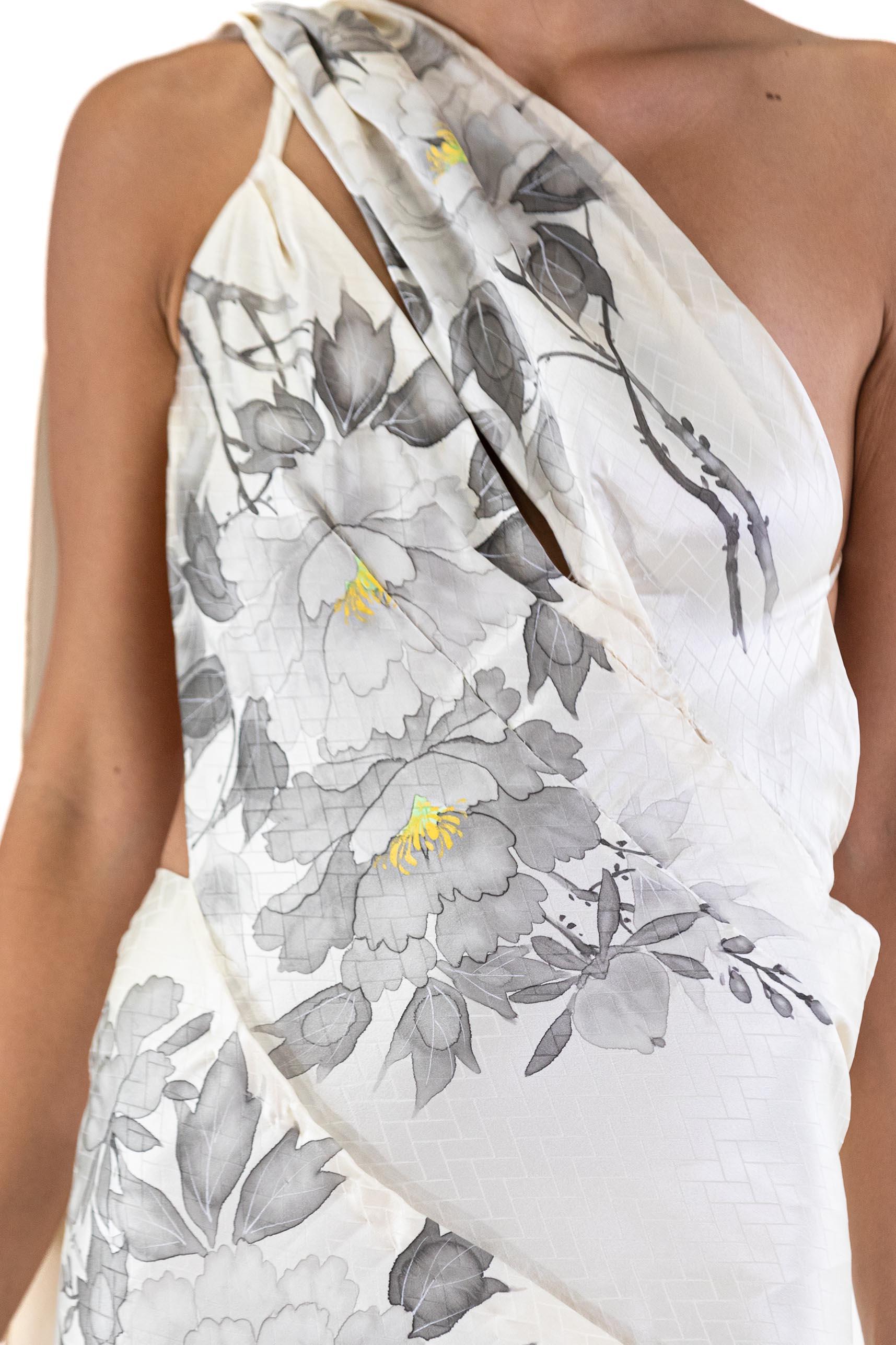 MORPHEW ATELIER White Bias Cut Hand Painted Kimono Silk Gown For Sale 5
