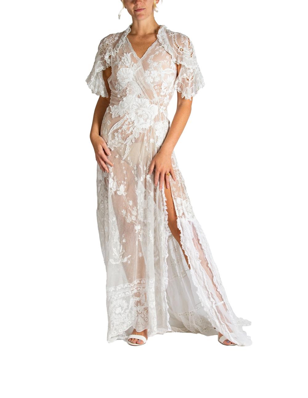 MORPHEW ATELIER White Cotton Embroidered Antique Net Lace Gown With Cut-Out Back In New Condition For Sale In New York, NY