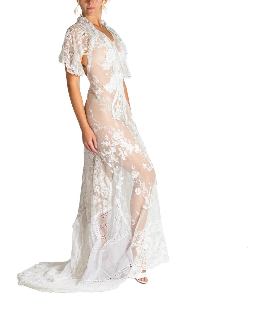 MORPHEW ATELIER White Cotton Embroidered Antique Net Lace Gown With Cut-Out Back For Sale 1