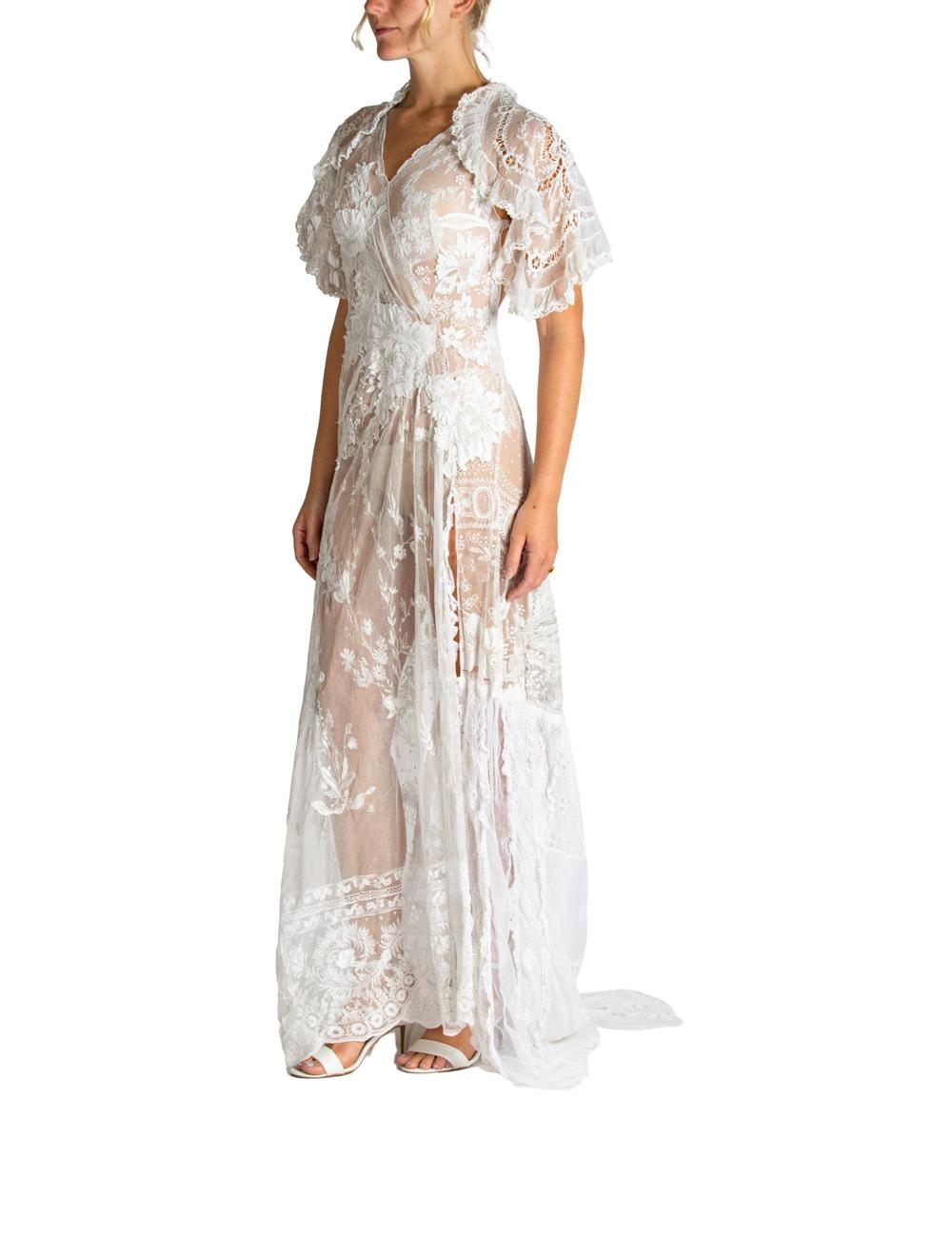 MORPHEW ATELIER White Cotton Embroidered Antique Net Lace Gown With Cut-Out Back For Sale 2
