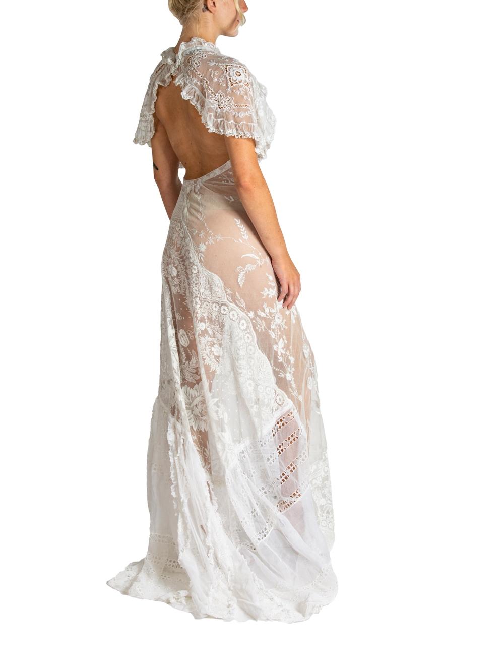 MORPHEW ATELIER White Cotton Embroidered Antique Net Lace Gown With Cut-Out Back For Sale 3