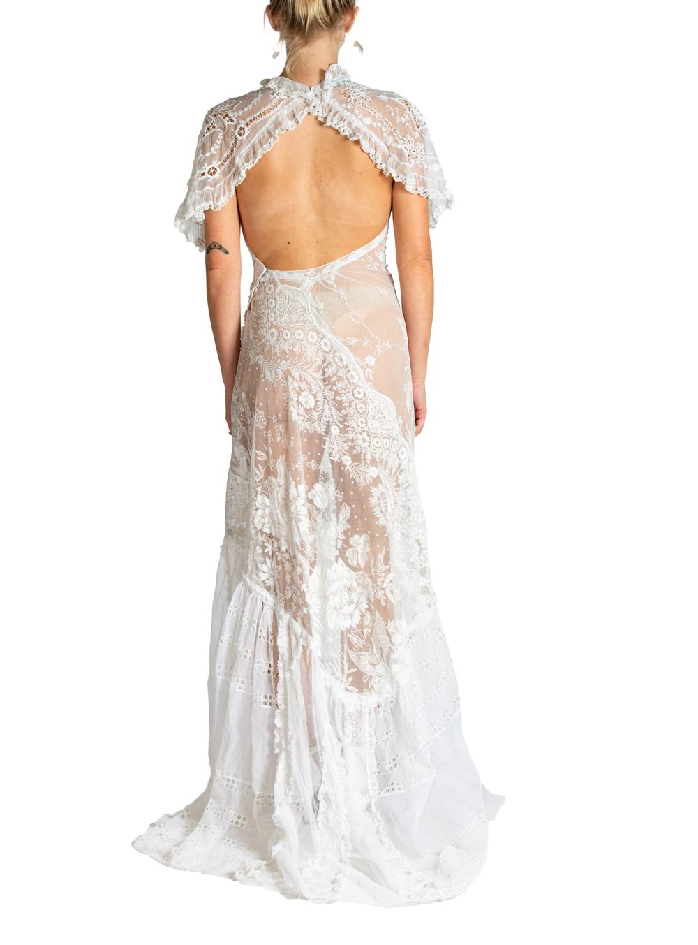 MORPHEW ATELIER White Cotton Embroidered Antique Net Lace Gown With Cut-Out Back For Sale 5
