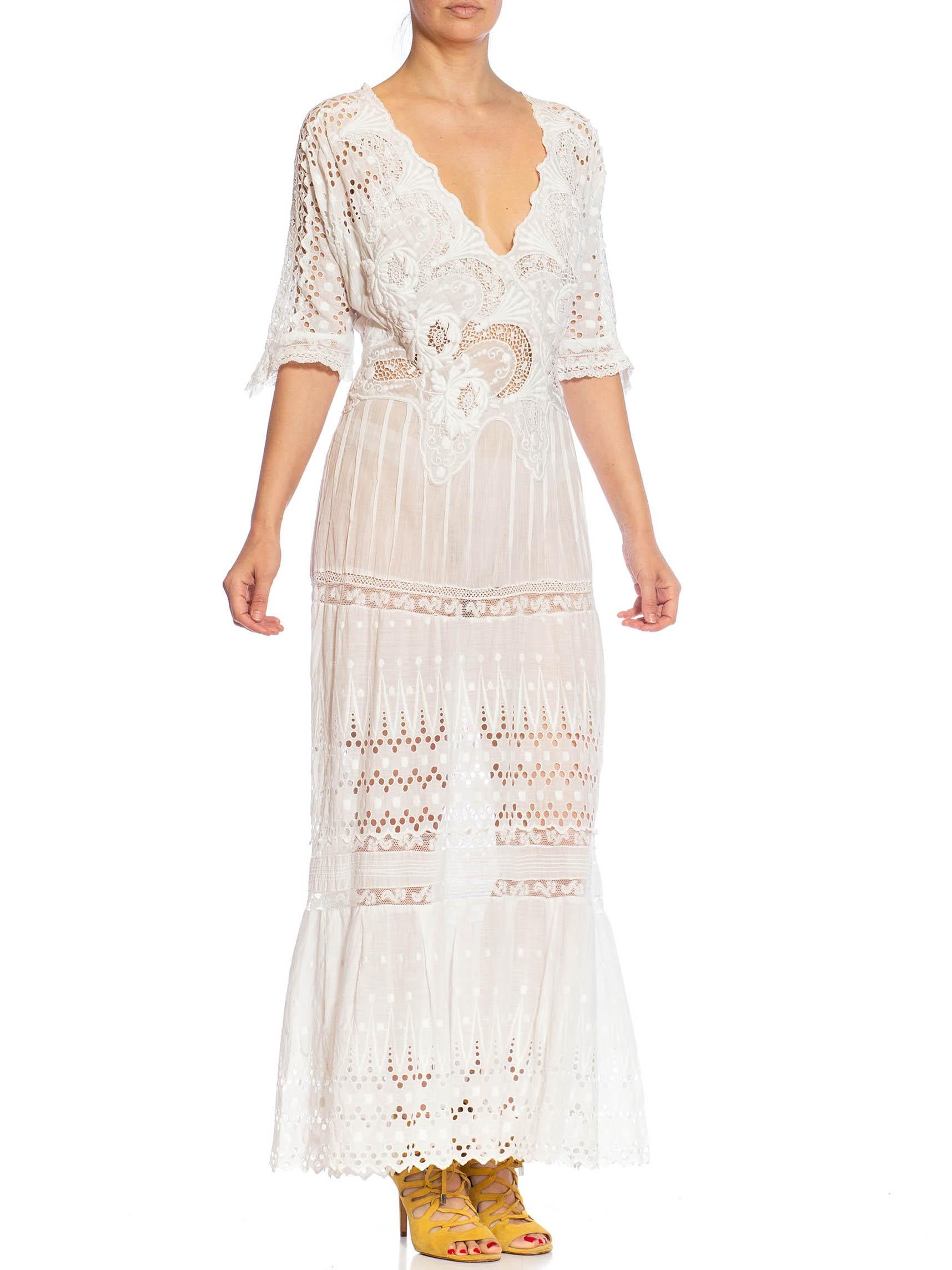MORPHEW ATELIER White Organic Cotton Antique Lace Dress In Excellent Condition For Sale In New York, NY
