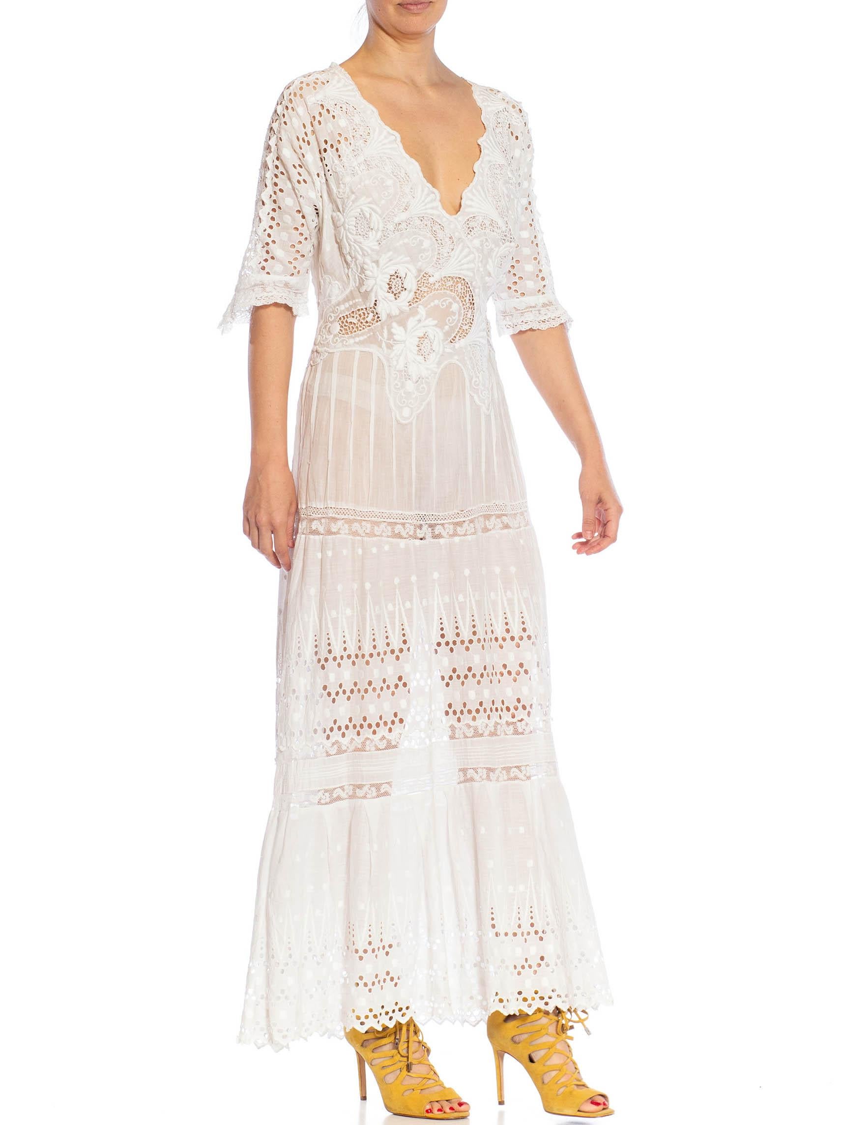 MORPHEW ATELIER White Organic Cotton Antique Lace Dress For Sale 3