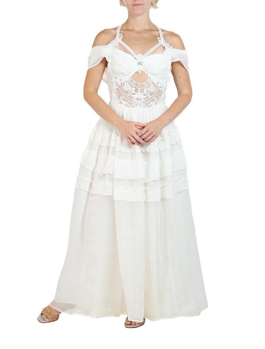 Morphew Atelier White Organic Cotton Organdy & Antique Lace Gown In Excellent Condition For Sale In New York, NY