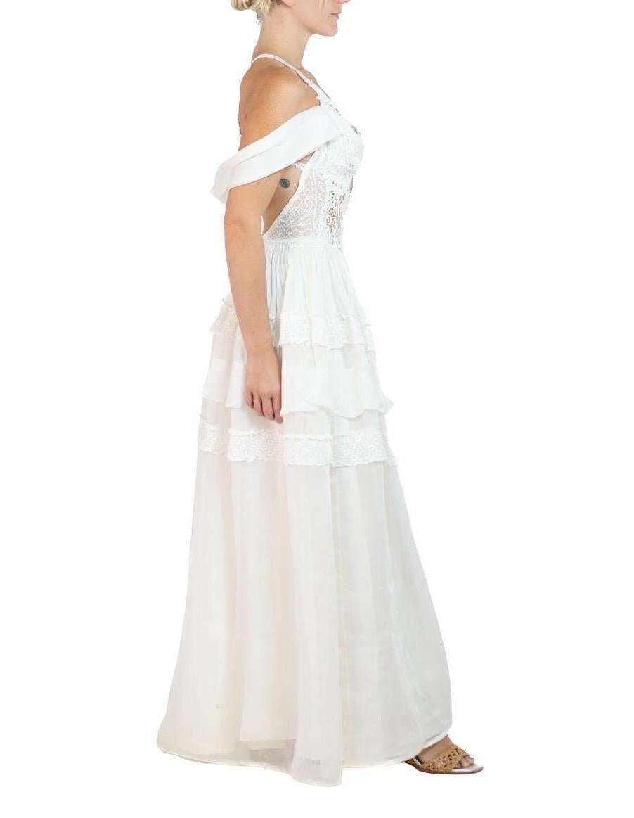Morphew Atelier White Organic Cotton Organdy & Antique Lace Gown For Sale 1
