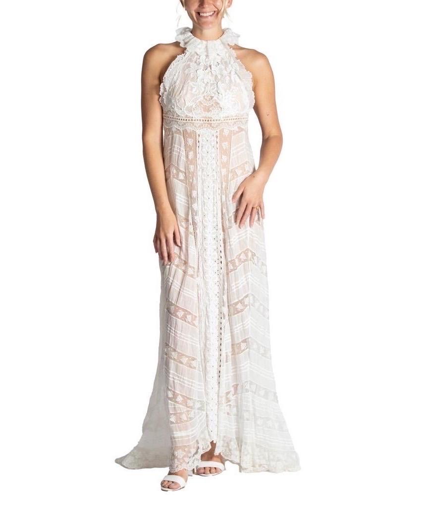 MORPHEW ATELIER White Organic Cotton Voile And Victorian Lace Halter Neck Dress With Train