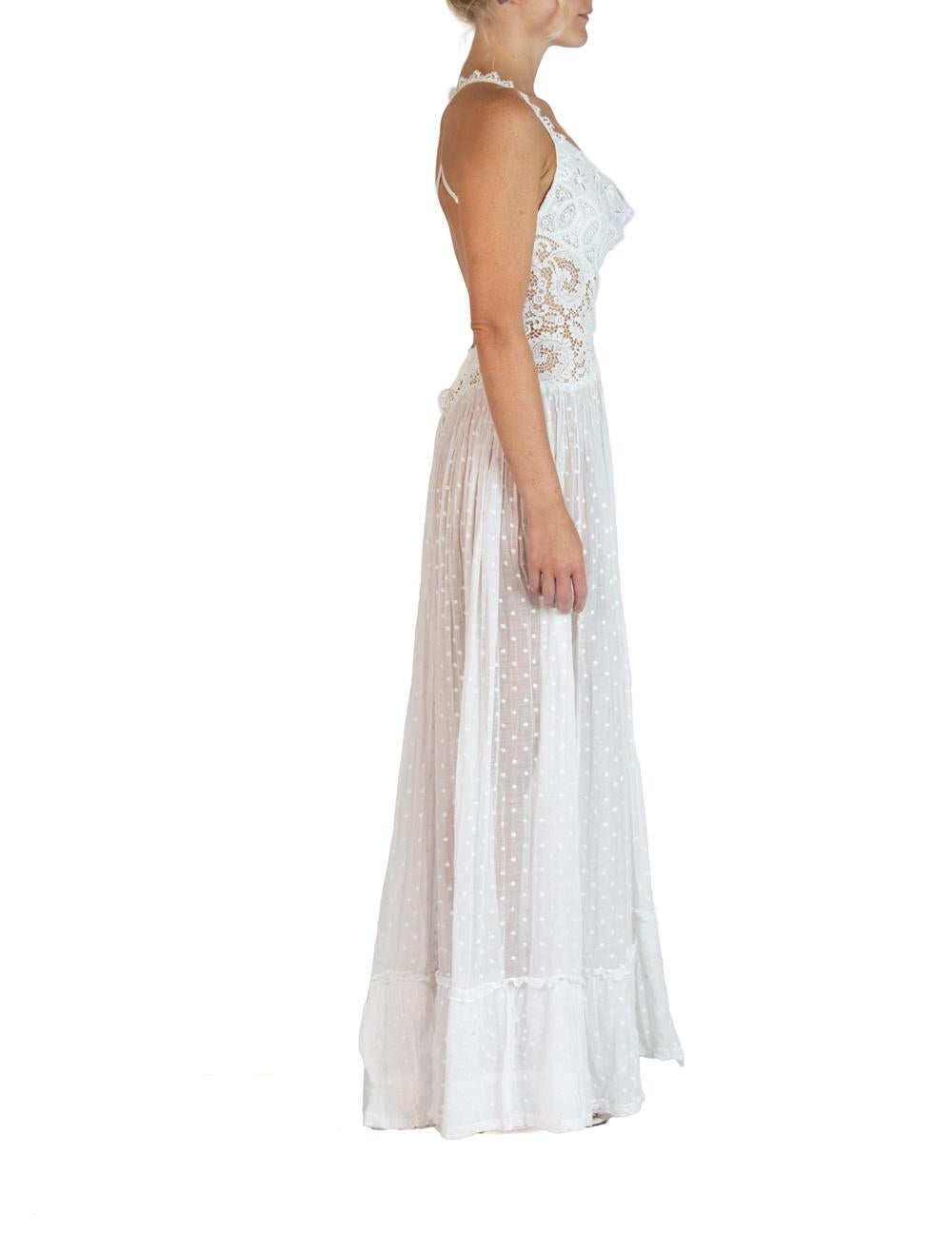 Women's MORPHEW ATELIER White Organic Cotton With Victorian Lace & Dotted Voile Gown For Sale