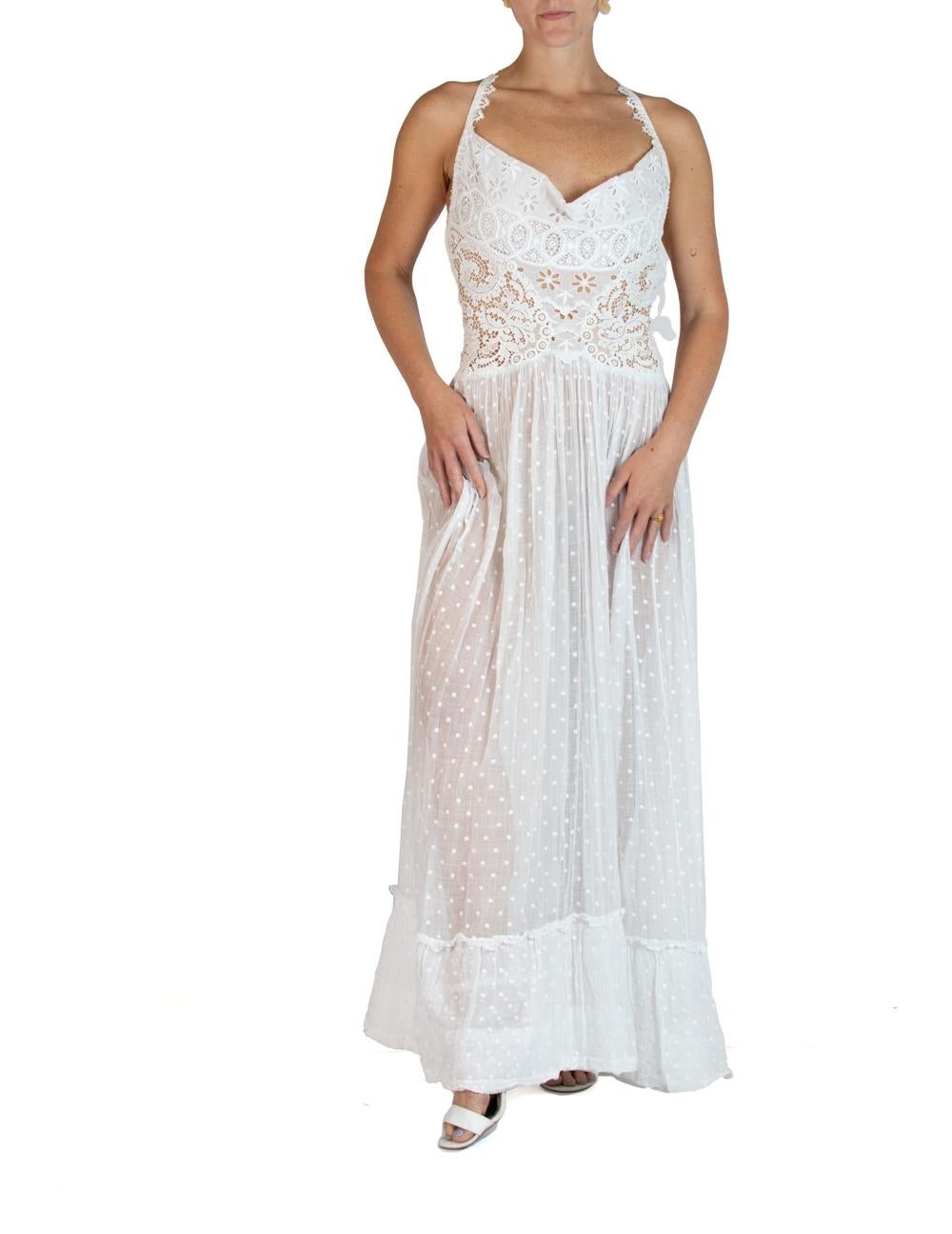 MORPHEW ATELIER White Organic Cotton With Victorian Lace & Dotted Voile Gown For Sale 2
