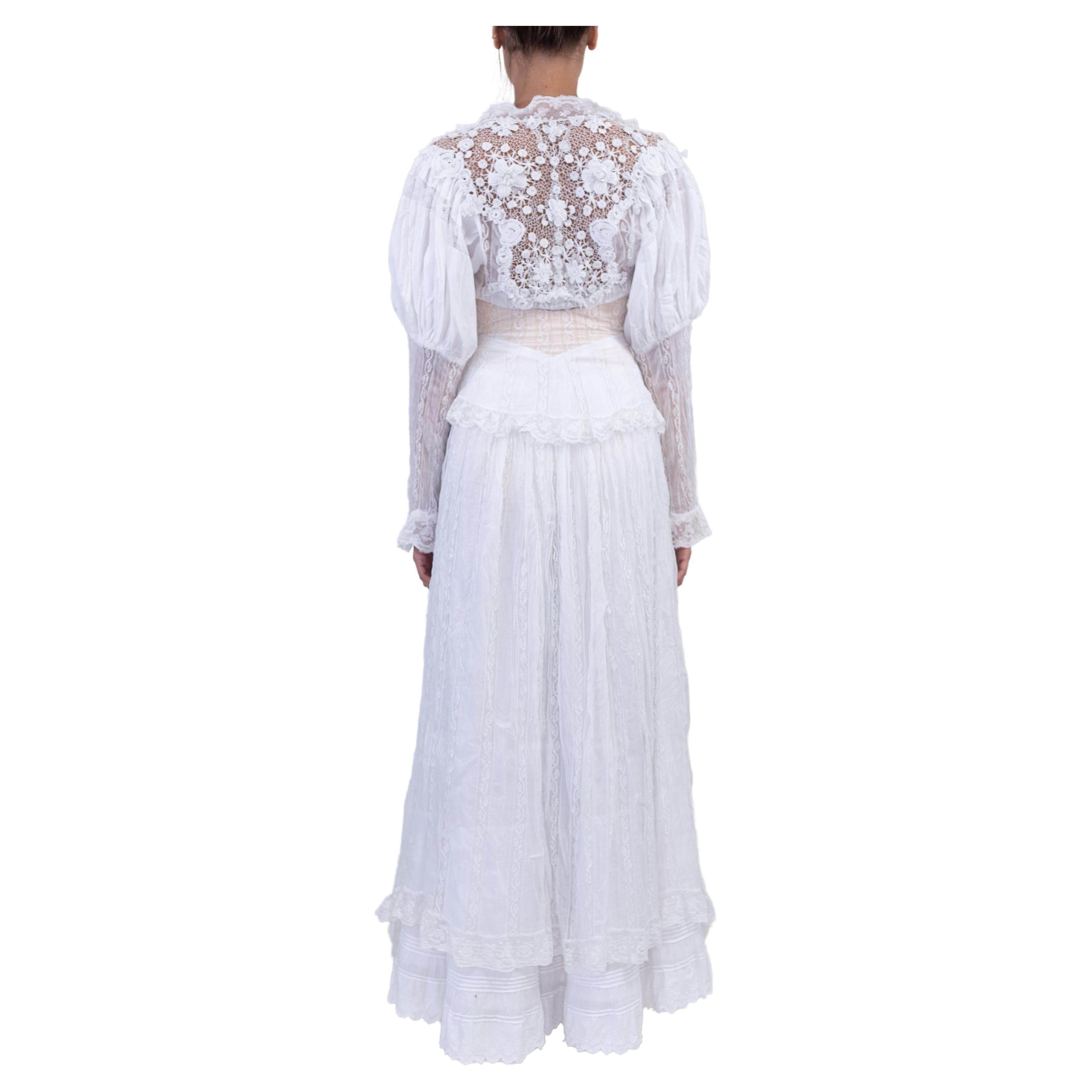 Gray MORPHEW ATELIER White Victorian Cotton & Hand Made Lace Dress With Long Sleeves For Sale