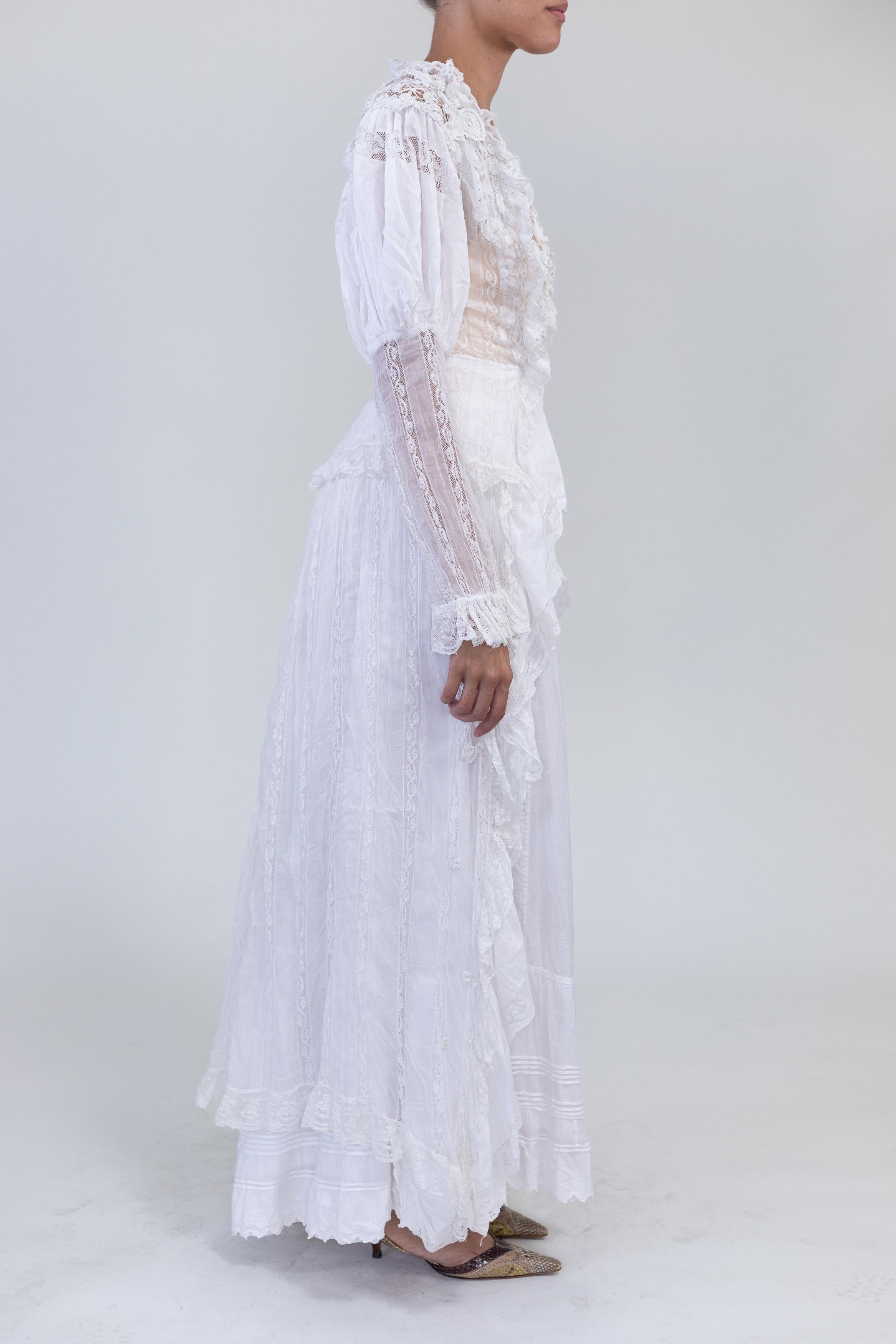 Women's MORPHEW ATELIER White Victorian Cotton & Hand Made Lace Dress With Long Sleeves For Sale