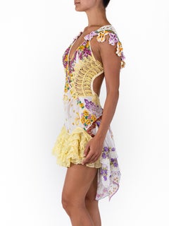 MA Yellow & Purple Floral Cotton 1940S Hanky 1930S Lace Dress