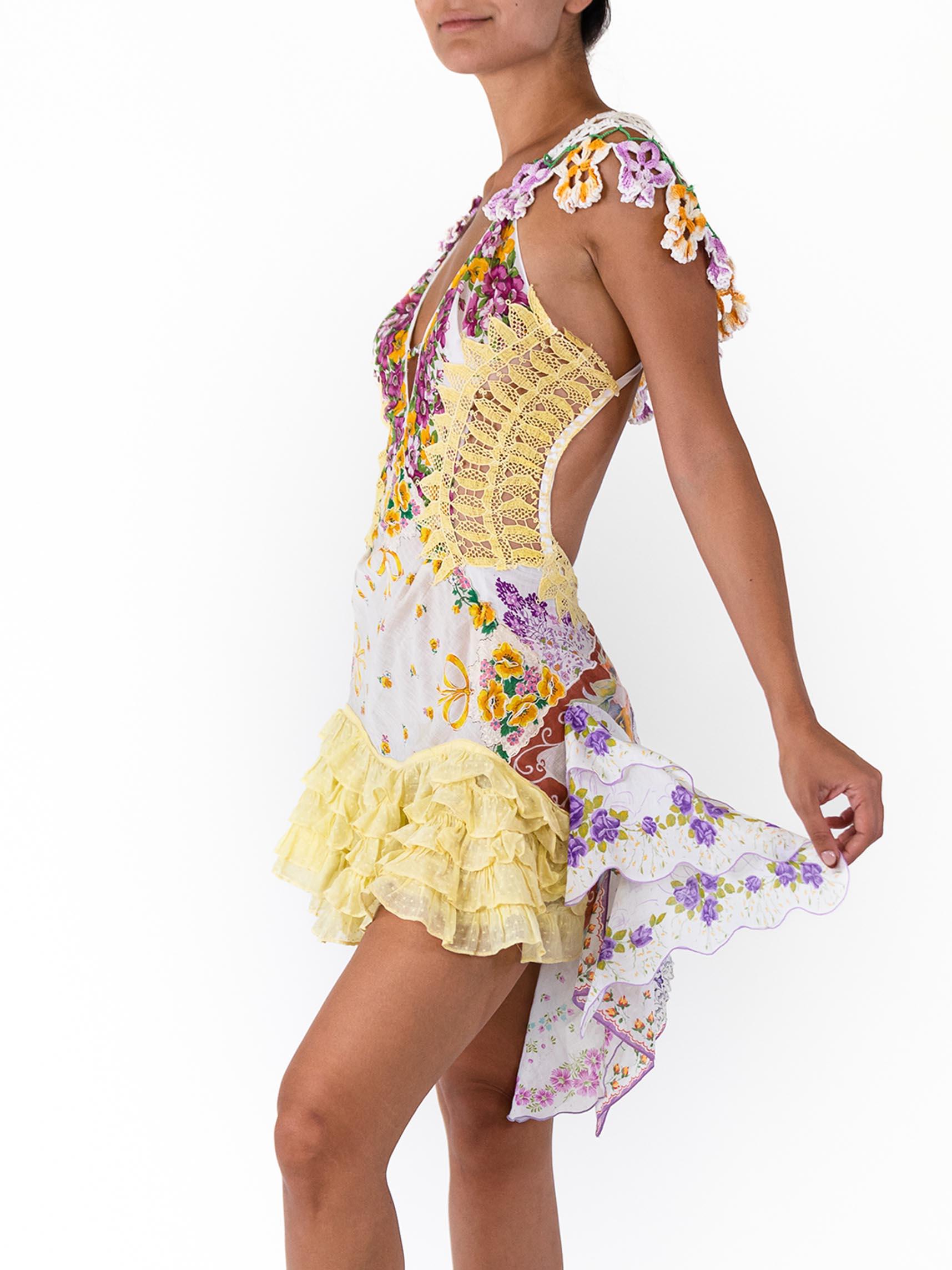 MORPHEW ATELIER Yellow & Purple Floral Cotton 1940S Hanky 1930S Lace Dress For Sale 2