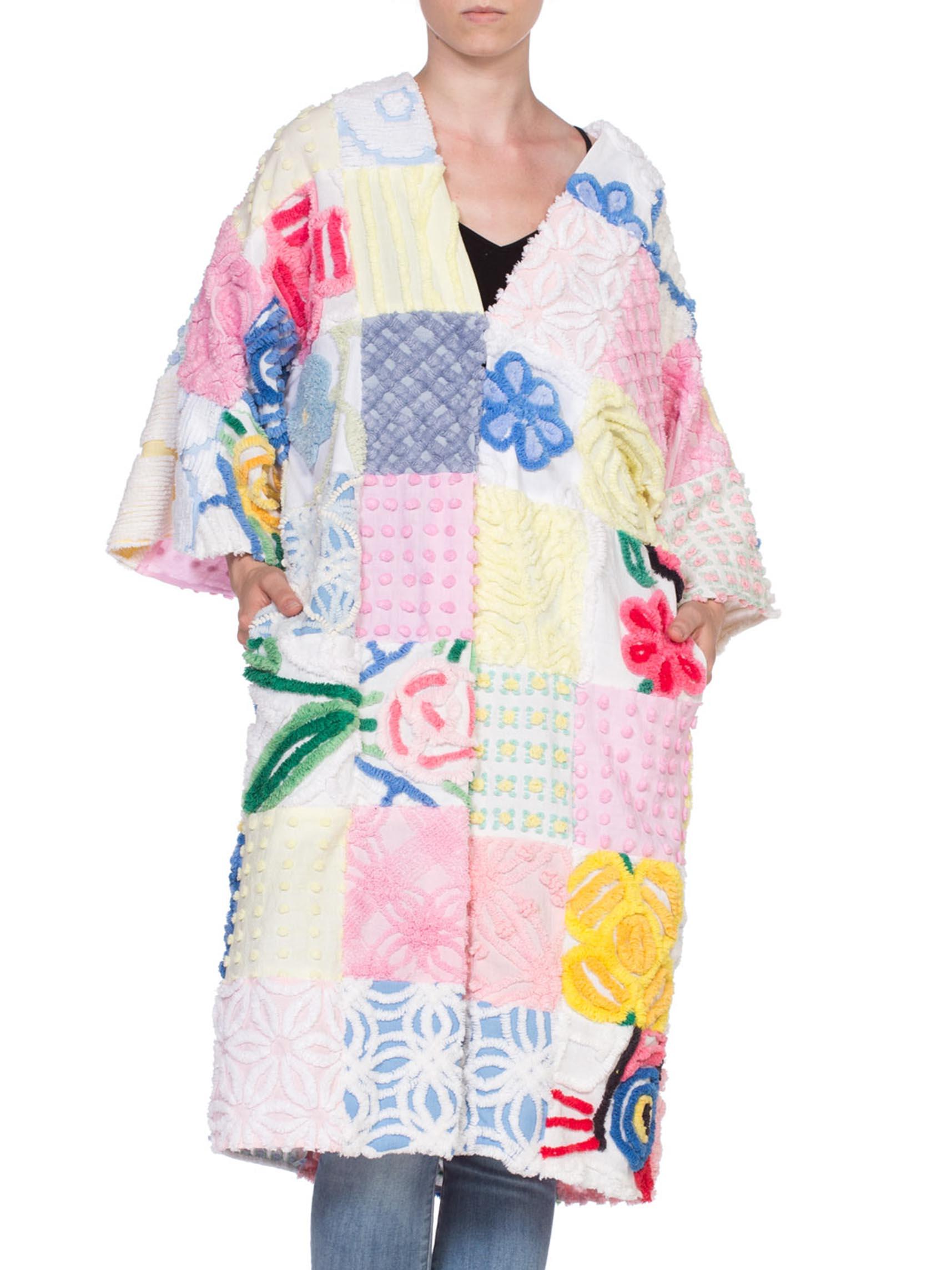 1940'S Multicolor Patchwork Cotton Chenille Beach Coat Duster In Excellent Condition In New York, NY