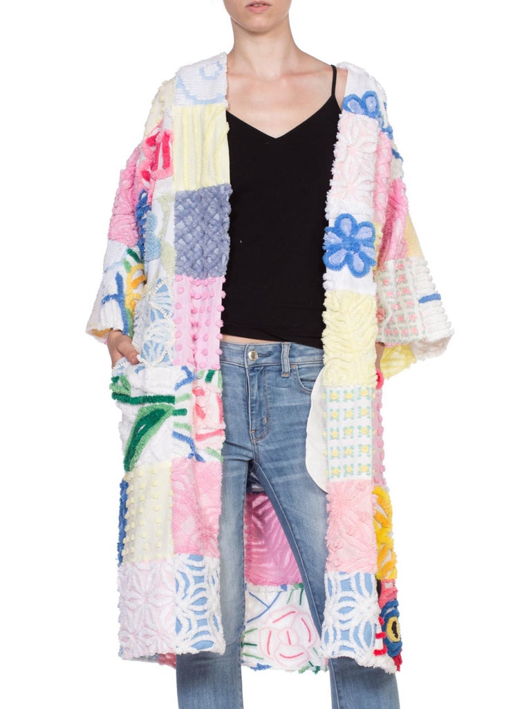 1940'S Multicolor Patchwork Cotton Chenille Beach Coat Duster at 1stDibs