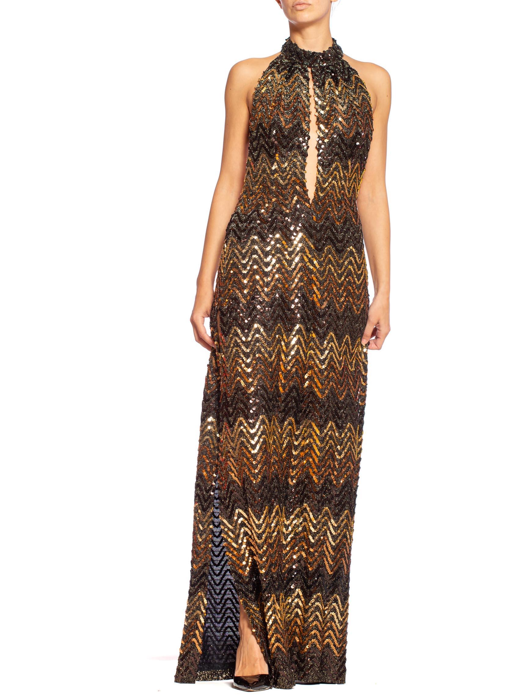 MORPHEW COLLECTION Copper & Gold Backless Disco Gown With Slit Made From 1970S Sequin Fabric
MORPHEW COLLECTION is made entirely by hand in our NYC Ateliér of rare antique materials sourced from around the globe. Our sustainable vintage materials