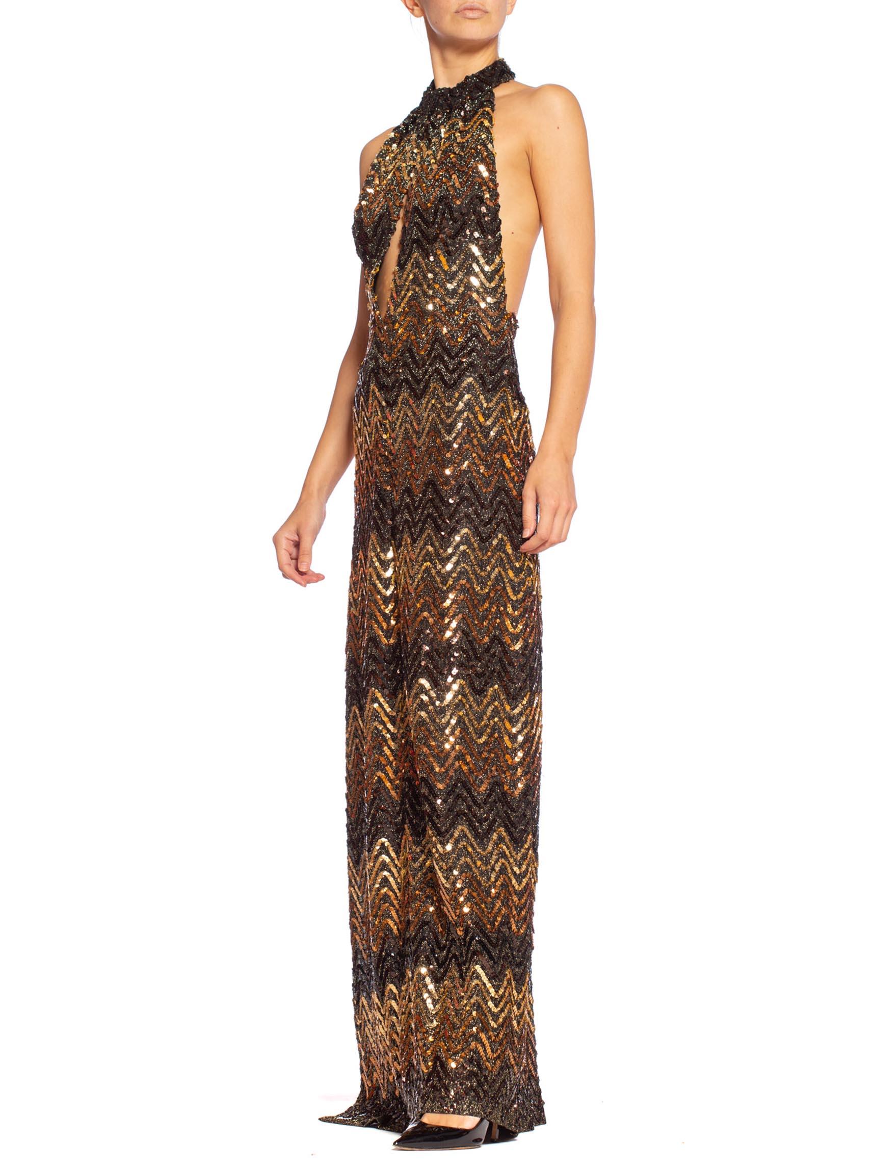 MORPHEW COLLECTION Copper & Gold Backless Disco Gown With Slit Made From 1970S  For Sale 1