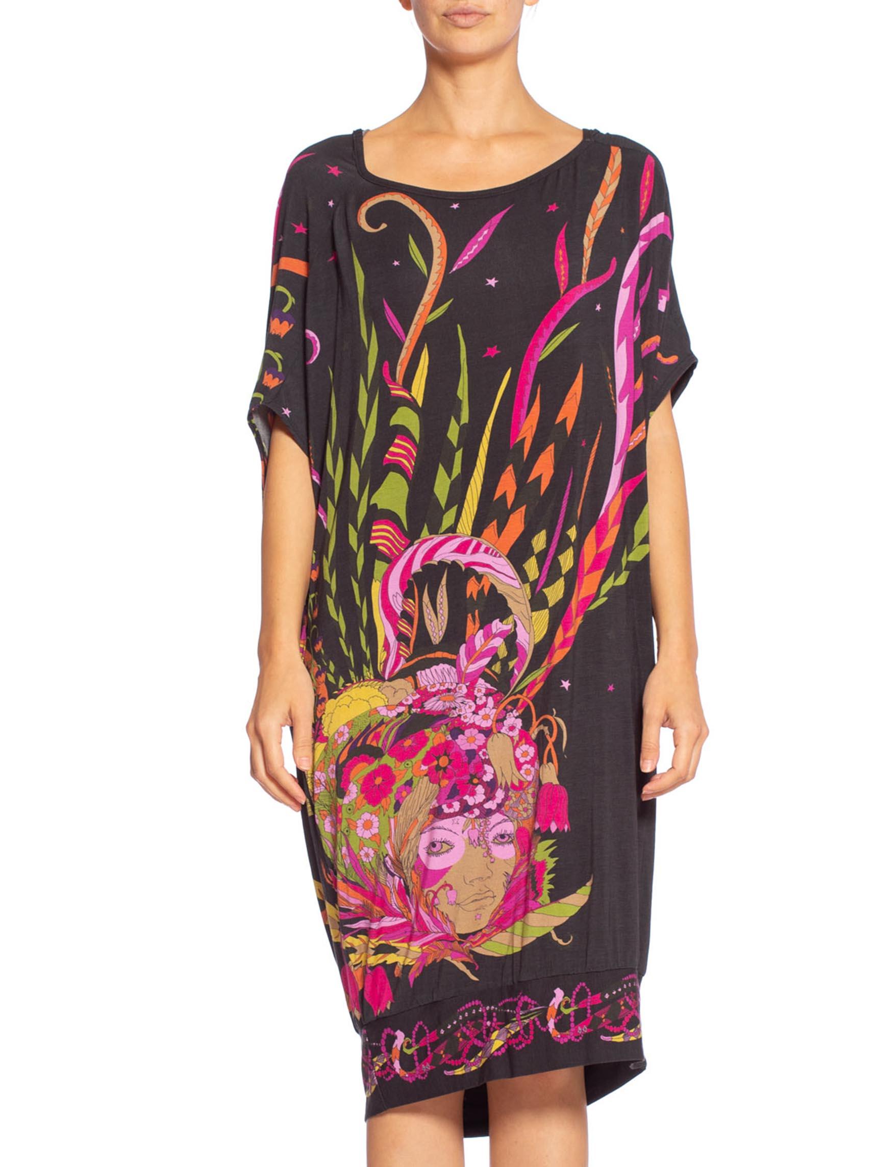 MORPHEW COLLECTION Black Rayon Blend Jersey 1970'S Psychedelic Fortune Teller Print Dress