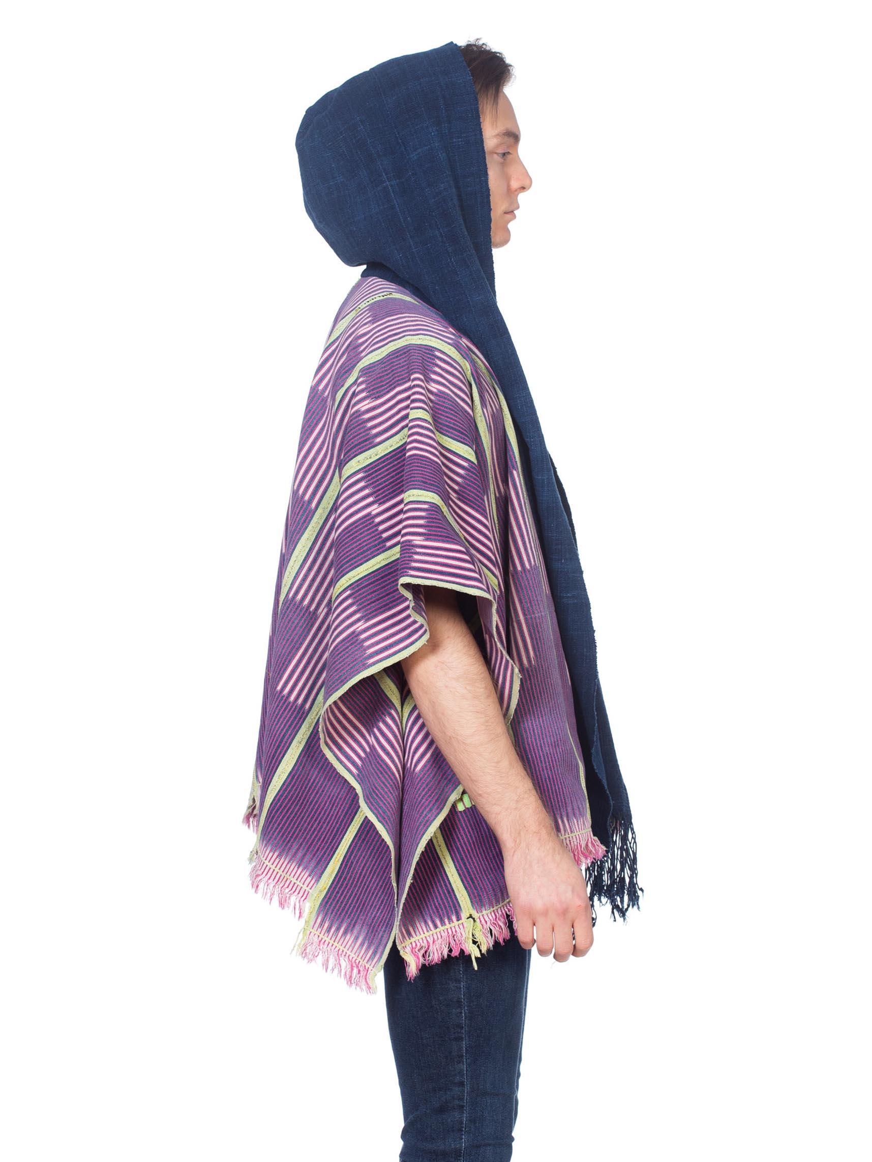 Purple MORPHEW COLLECTION Pink & Blue Indigo Cotton African Blanket Hooded Poncho For Sale