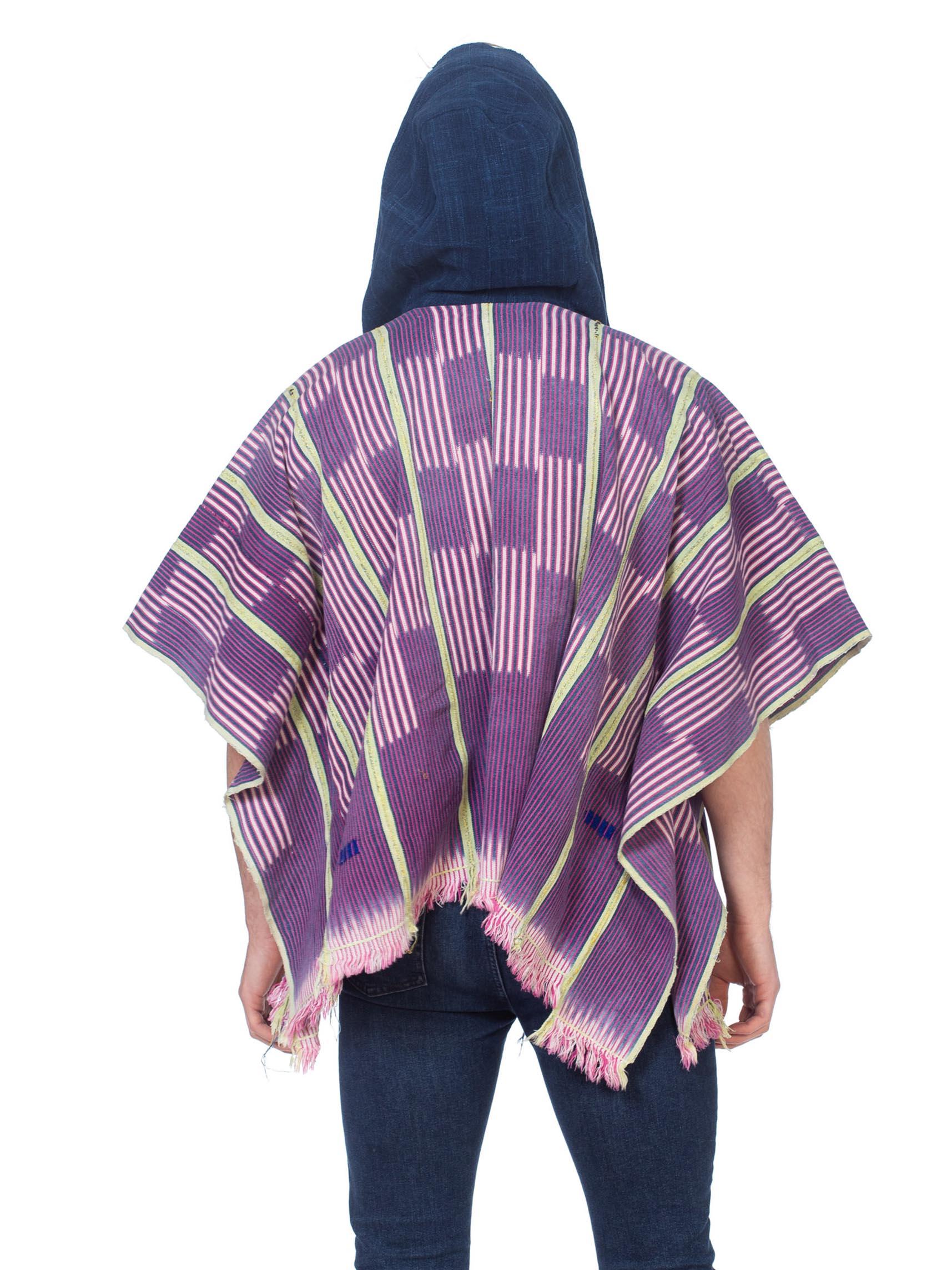 MORPHEW COLLECTION Pink & Blue Indigo Cotton African Blanket Hooded Poncho In Excellent Condition For Sale In New York, NY