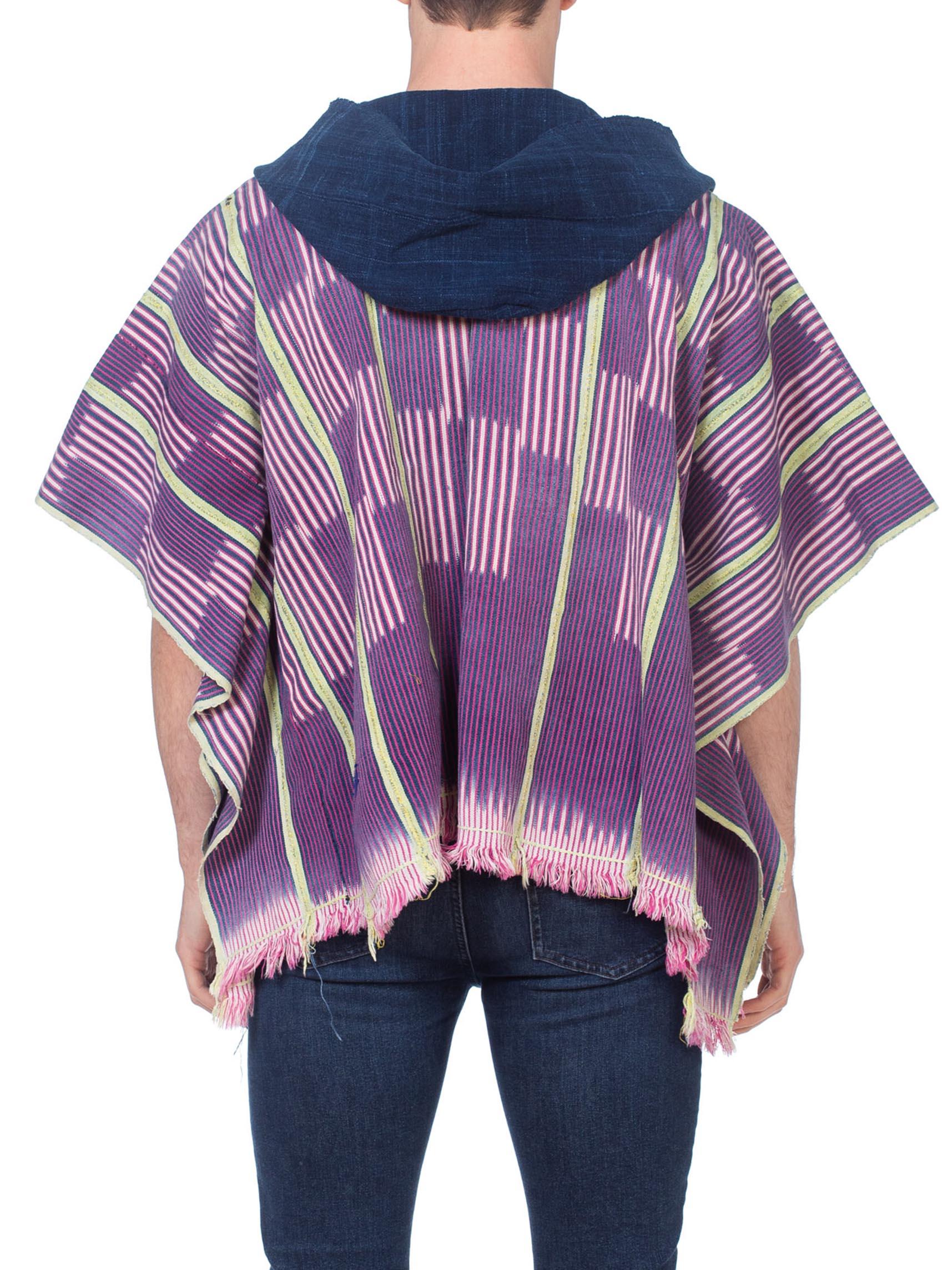 Women's or Men's MORPHEW COLLECTION Pink & Blue Indigo Cotton African Blanket Hooded Poncho For Sale